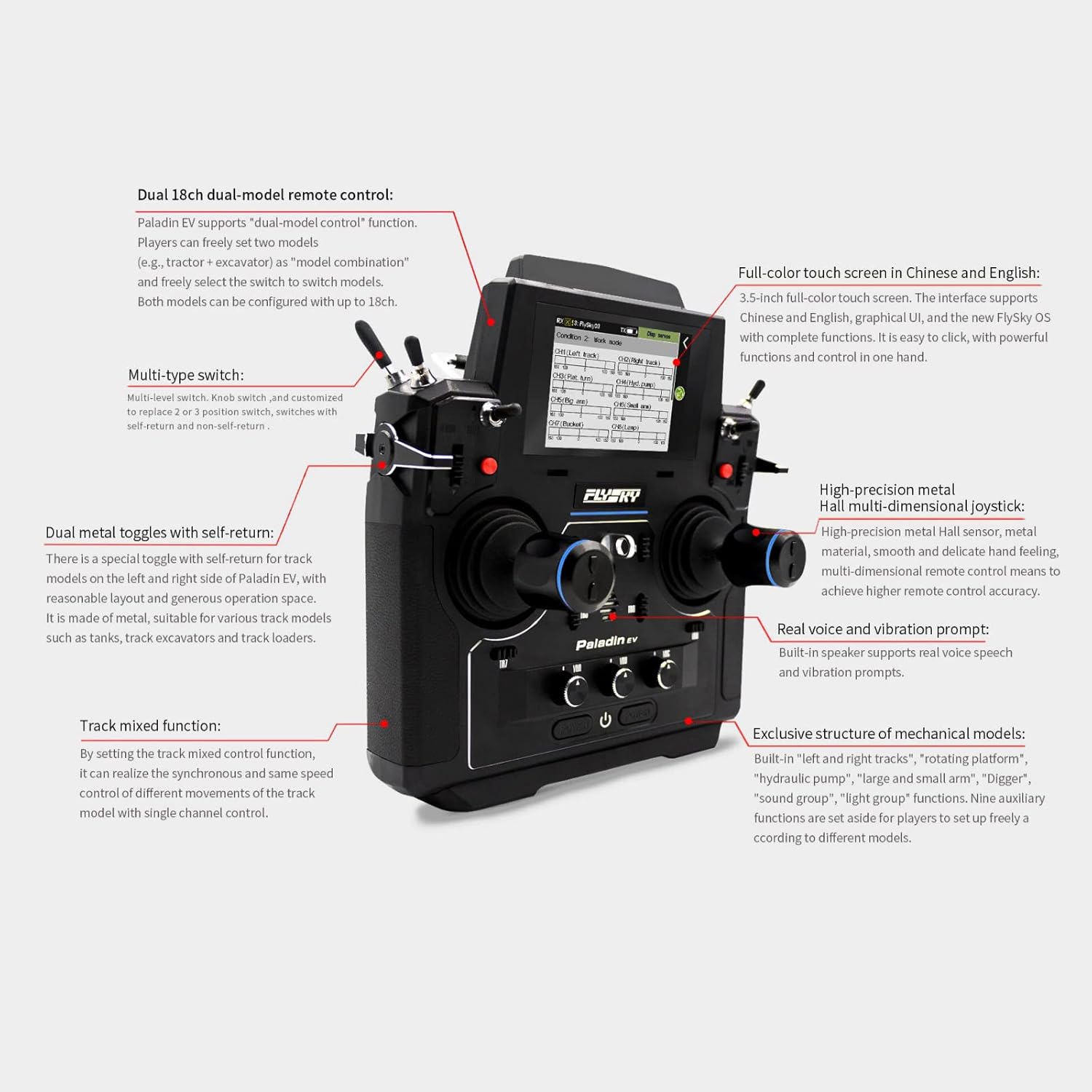 Flysky Paladin FS-PL18 EV Radio Controlle Transmitter, 2.4G 18Channel 3.5 Inch TFT Touch Screen for RC FPV Boat Car Drone with FTr12B Receiver (FS P18 EV)