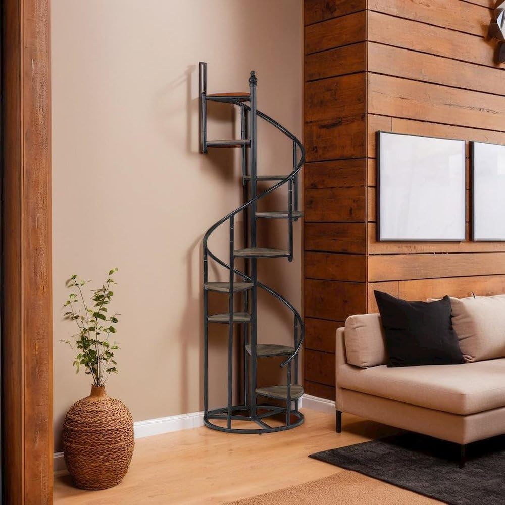Elegant 8-Shelf Spiral Staircase Bookcase in Rustic Brown and Black by FurniFact