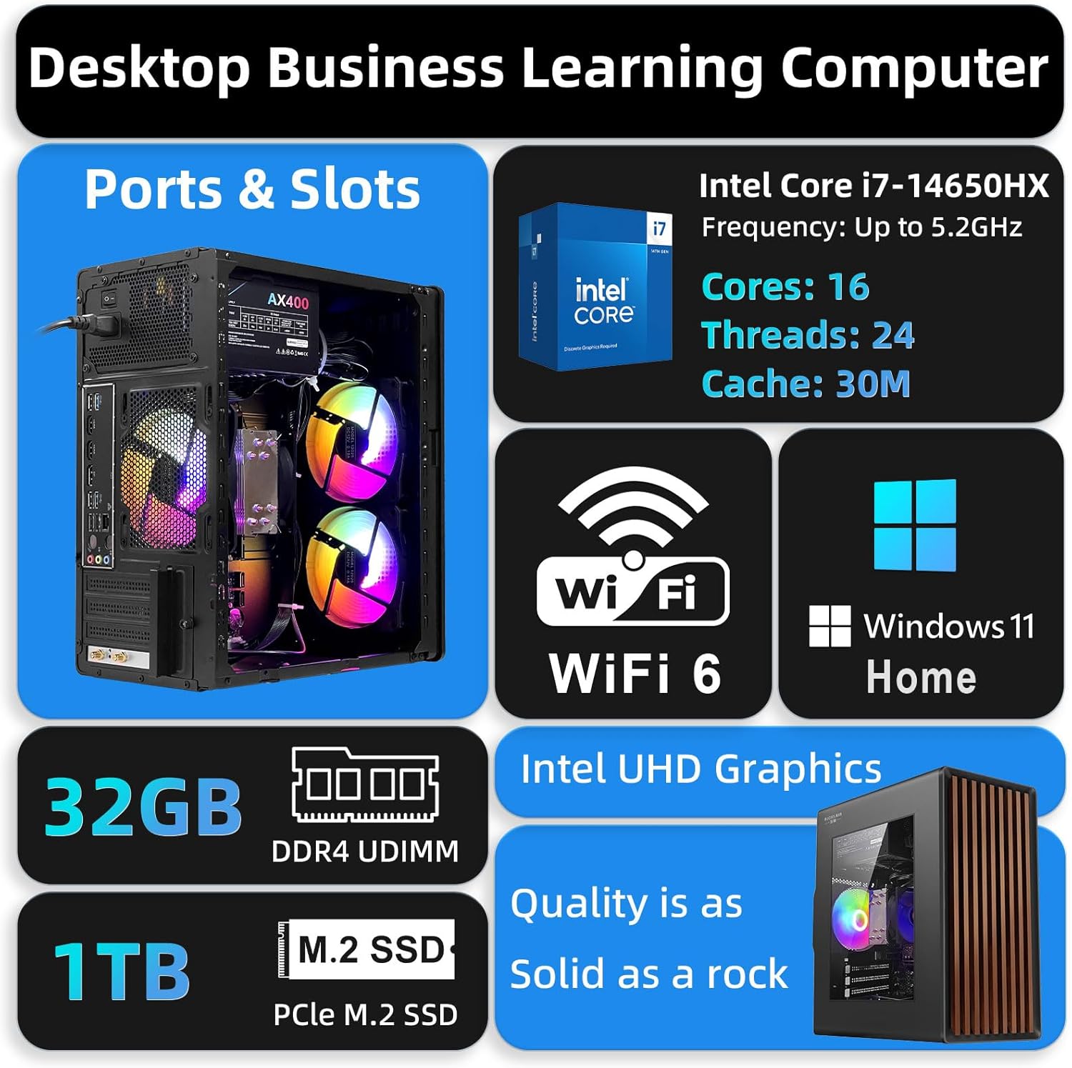 Tower Business Desktop Computer PC - Intel 14th Generation Core i7-14650HX ，16 cores and 24 Threads, 32GB DDR4 3200 RAM, 1TB M.2 NVME SSD,Windows 11 Home,WiFi，HDMI,RJ-45,Wired Keyboard & Mouse.