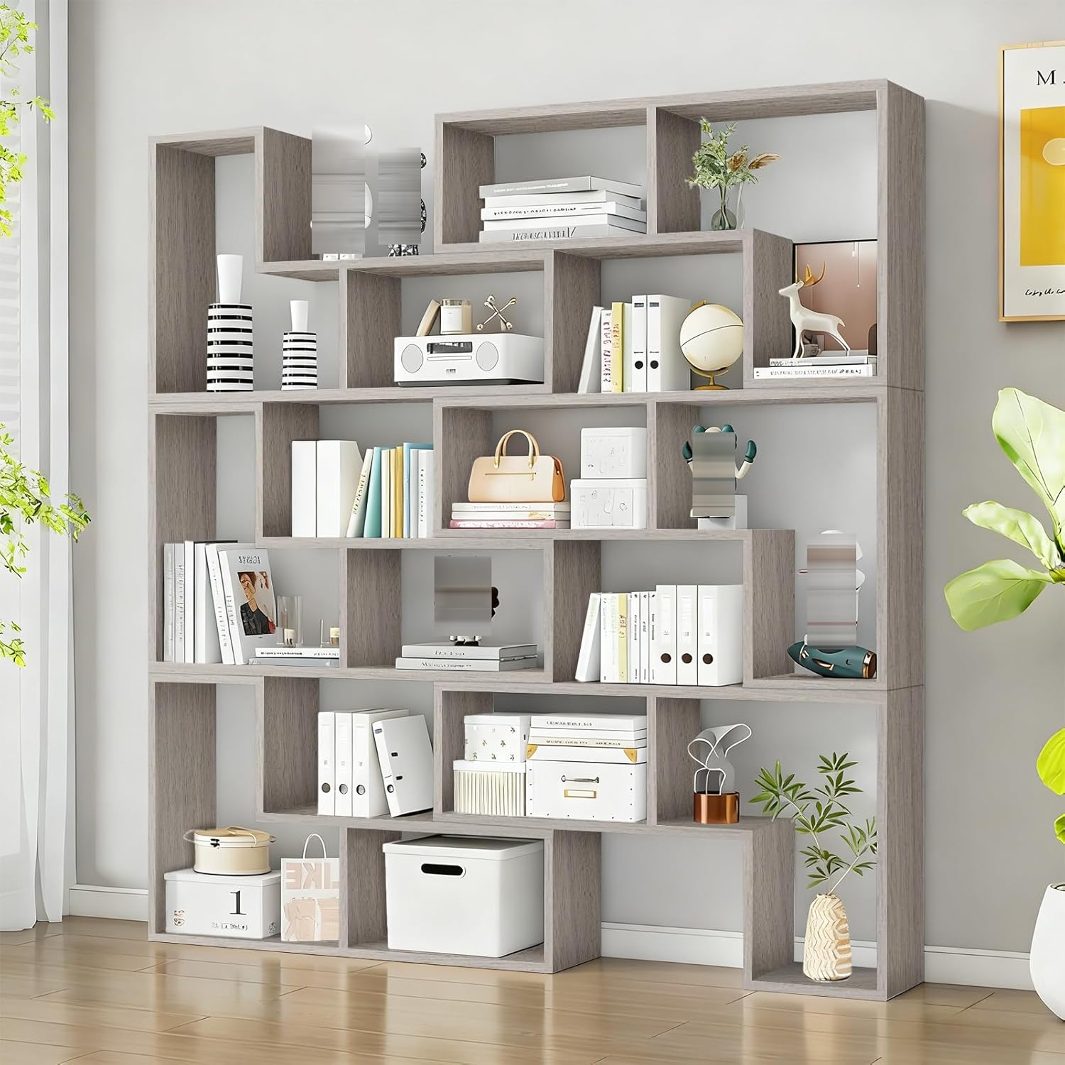 OOIKVCC Expandable Bookcase with Adjustable Width,Wooden Room Divider Bookshelf,Standing Display Storage Organizer for Living Room,Study Room or Home Office