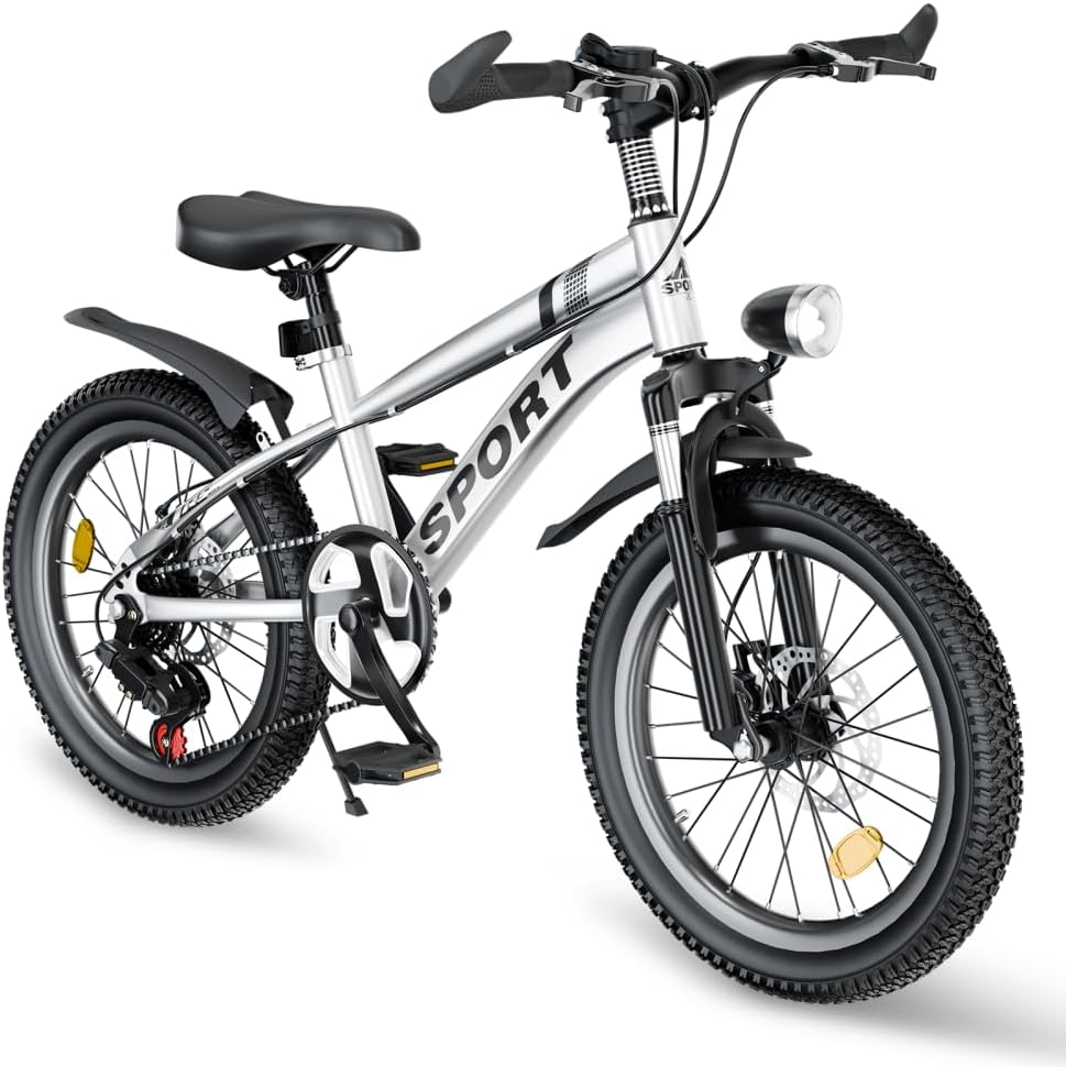 24 Inch Kids Mountain Bike with Dual Disc Brakes for Boys & Girls - 7-Speed Gears, Shock Absorber Front Fork, LED Light, Steel Frame for Ages 7-12 Outdoor Riding
