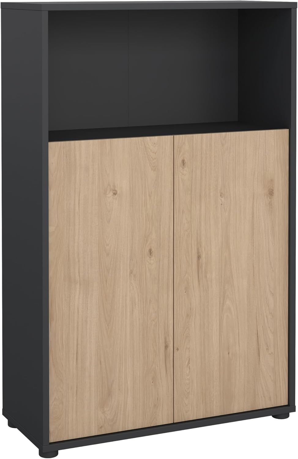 Tvilum Sign Home Office 3-Shelf Adjustable Bookcase with 2 Doors and Open Shelf Storage in Matte Grey and Jackson Hickory