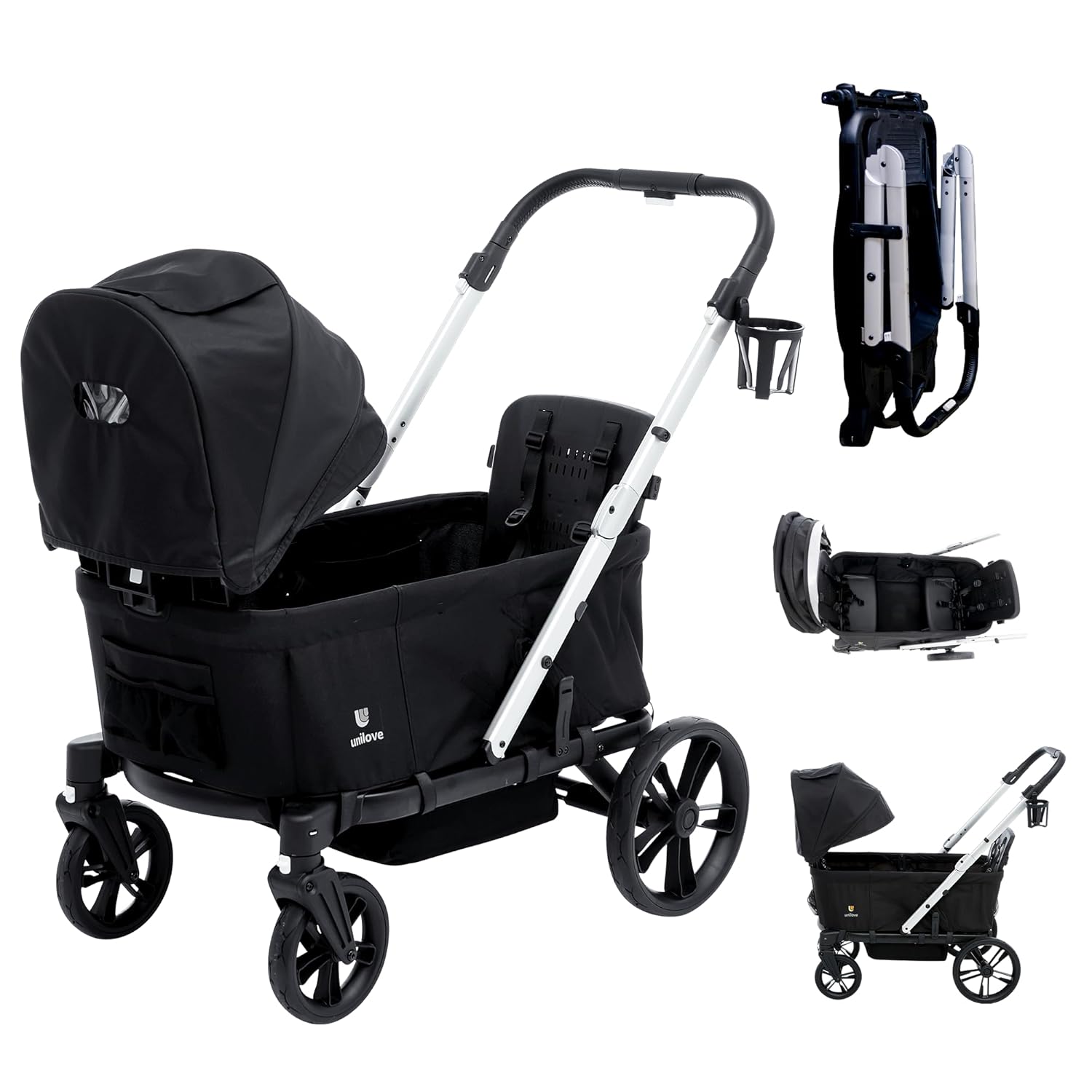 Unilove Trio Trolly Wagon Stroller - Collapsible Folding Stroller Wagon for 2 Kids with Canopy and Secure 5-Point Adjustable Harness