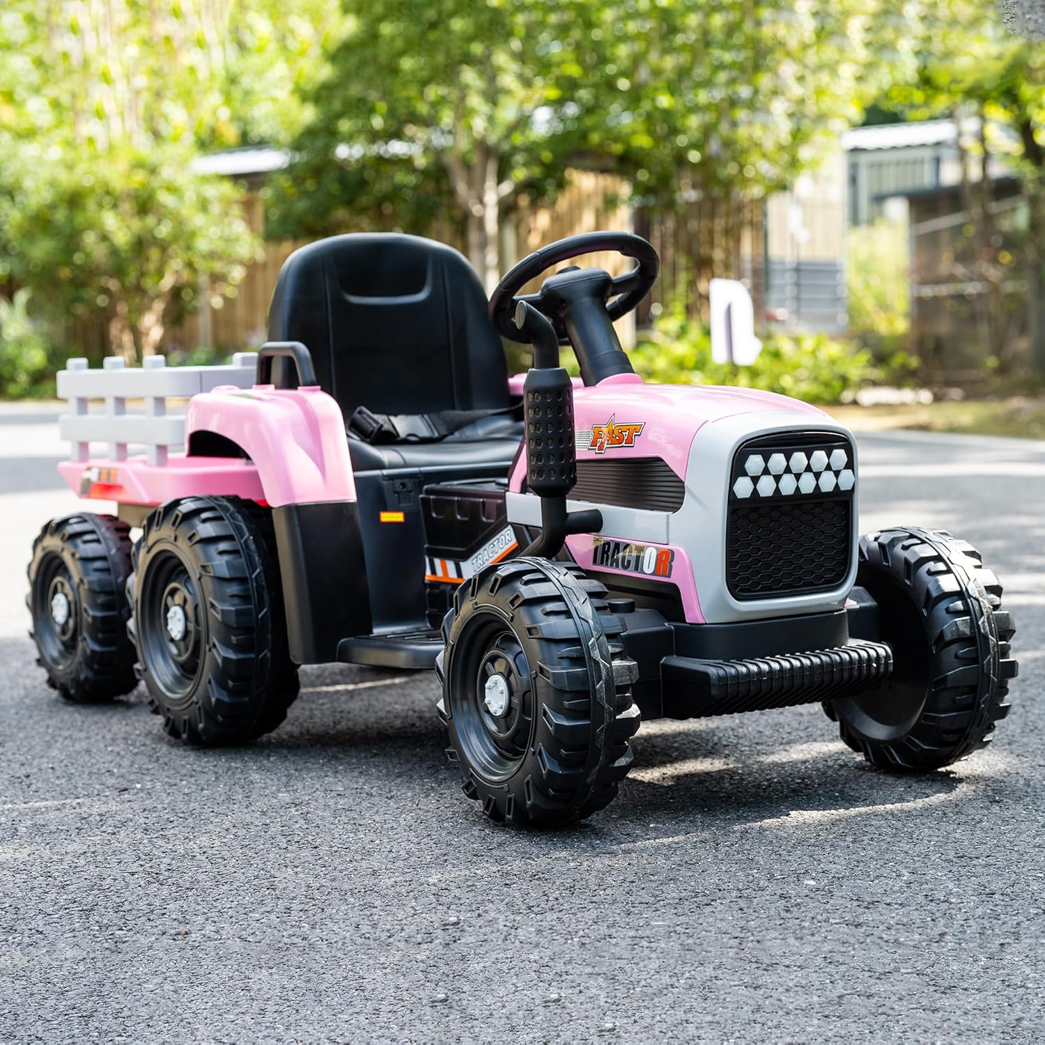 24V Battery Operated Tractor for Kids with Trailer, 400W Motors 6-Wheel Power Vehicle, Remote Control, Music, 3-Speed, Outdoor Ride On Toy Gift for Girls, Pink