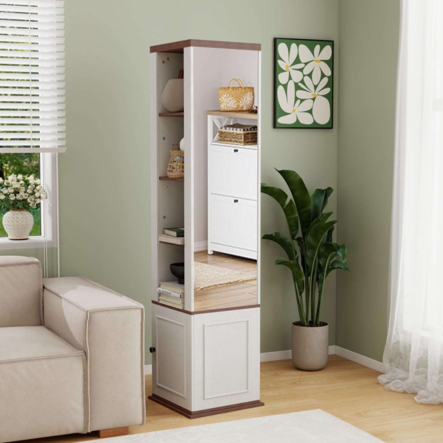 DomeHaven 360° Rotating 6-Tier Storage Rack Shelves Bookcase with Full-Length Mirror, 66