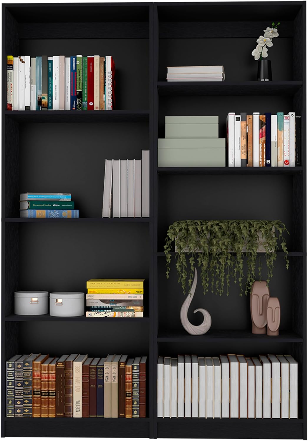 VENBER Black 2 Piece Bookcase Set, Wooden Bookshelf with 9 Shelves Freestanding Open Bookcase Storage Cabinet Storage Organizer Display Cabinet for Living Room Home Office