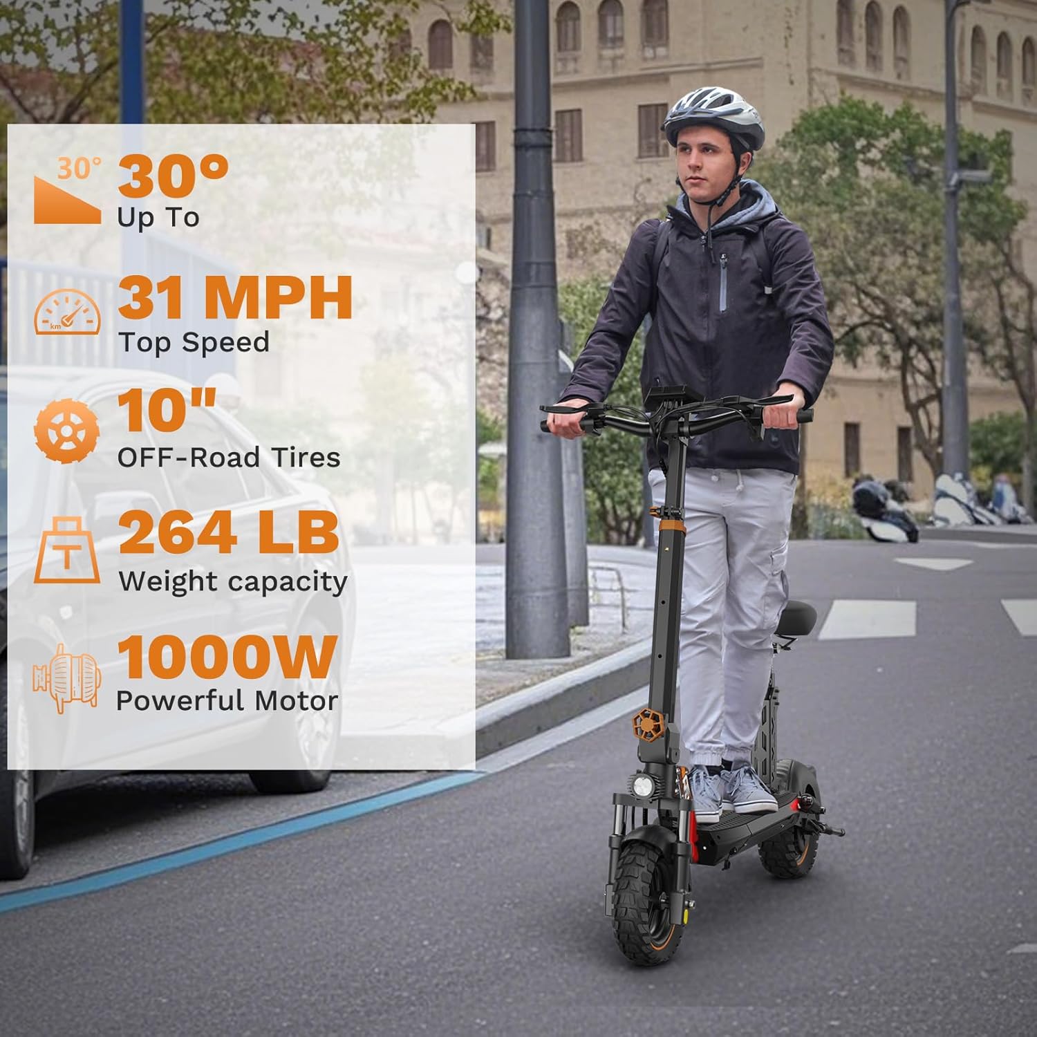 YING LU RT6 1000W Adult Commuter Scooter with Seat, 32 MPH Max Speed, 48V 18.2Ah Power System, 35+ Mile Travel Capacity, Foldable Design, 10