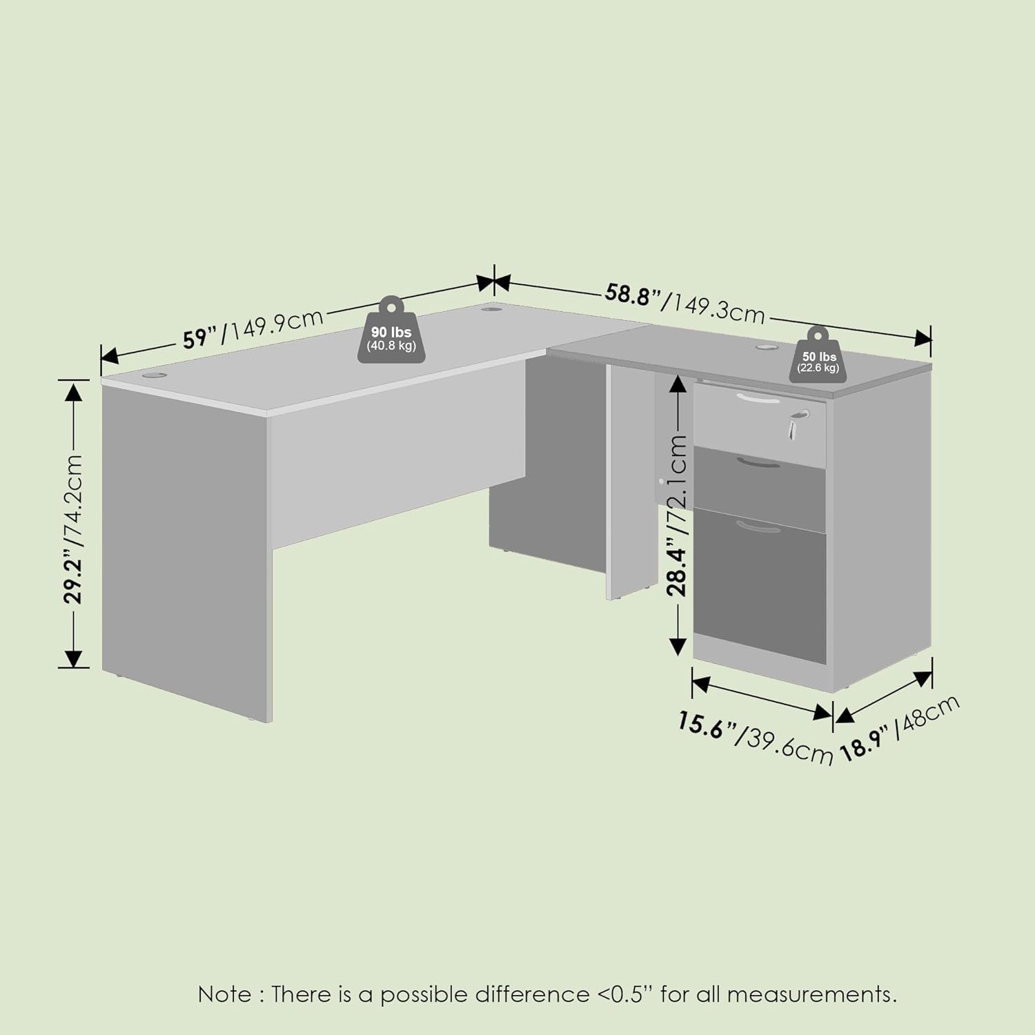 Furinno Roger 60 Inch L-Shaped Executive Desk with File Cabinet, L-Shaped Office Desk with 3-Drawer Fixed Pedestal Filing Cabinet, Desk Cord Grommet, for Home Office, Coastal Grey