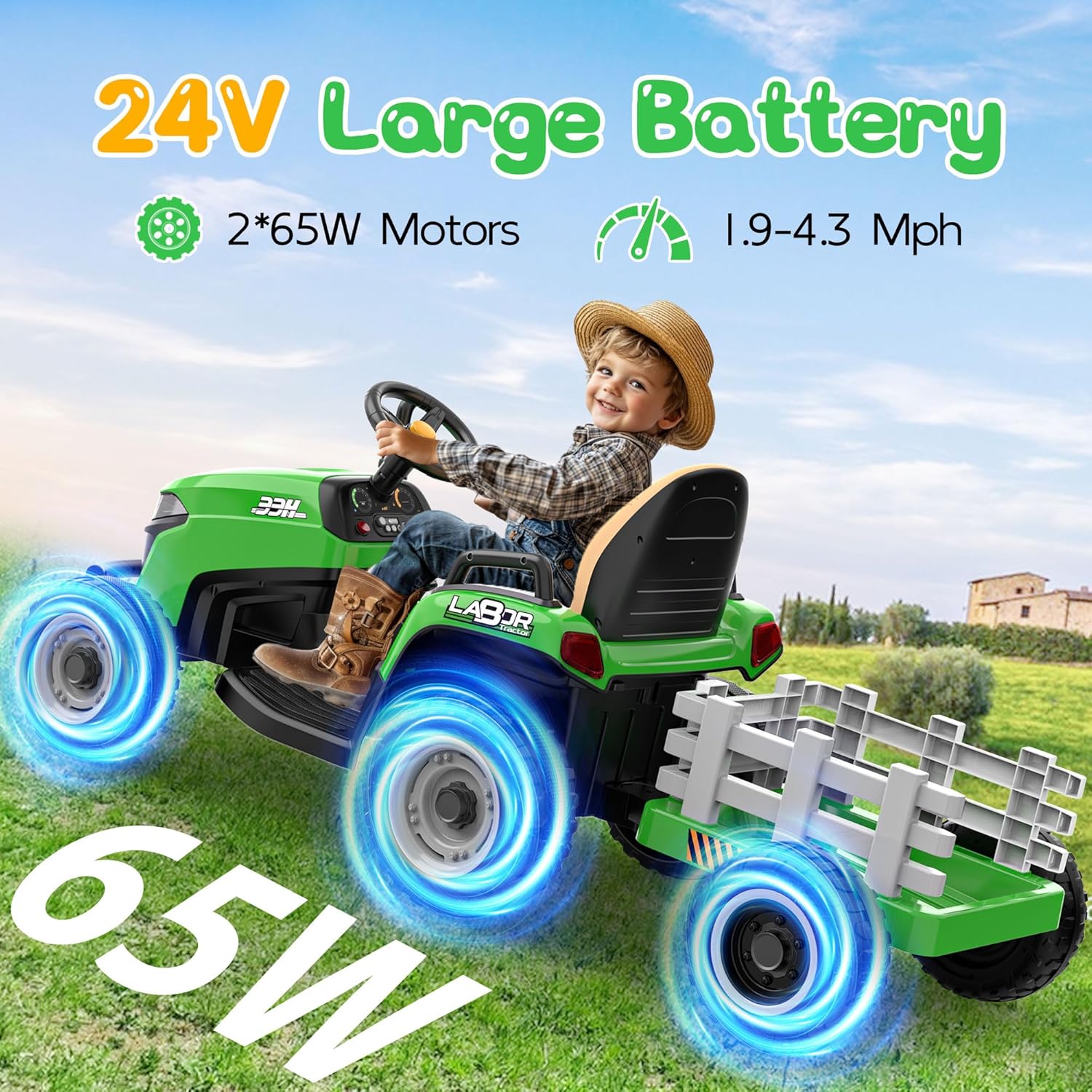 ANPABO 24V Ride On Tractor w/Tiltable & Detachable Trailer, EVA Tires, Up to 4.3Mph, Ride On Toys with Parental Remote, Realistic Tractor Sound & Chimney, Music Player, LED Light, Green
