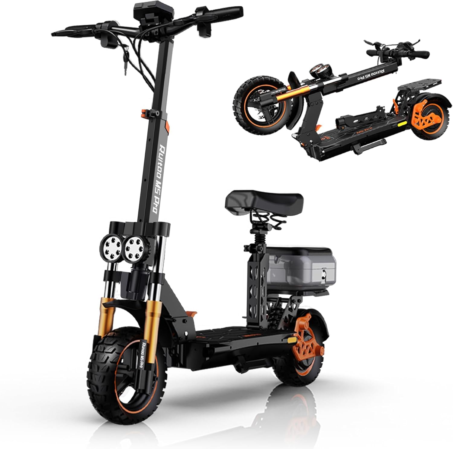 M5 Pro Electric Scooter, 1600W Brushless Motor, Range 43-50Miles, Max Speed 34 MPH, Max Load 264LBS, Dual Suspension & Hydraulic Damping System, E-Scooter with Seat & Storage Box for Adults