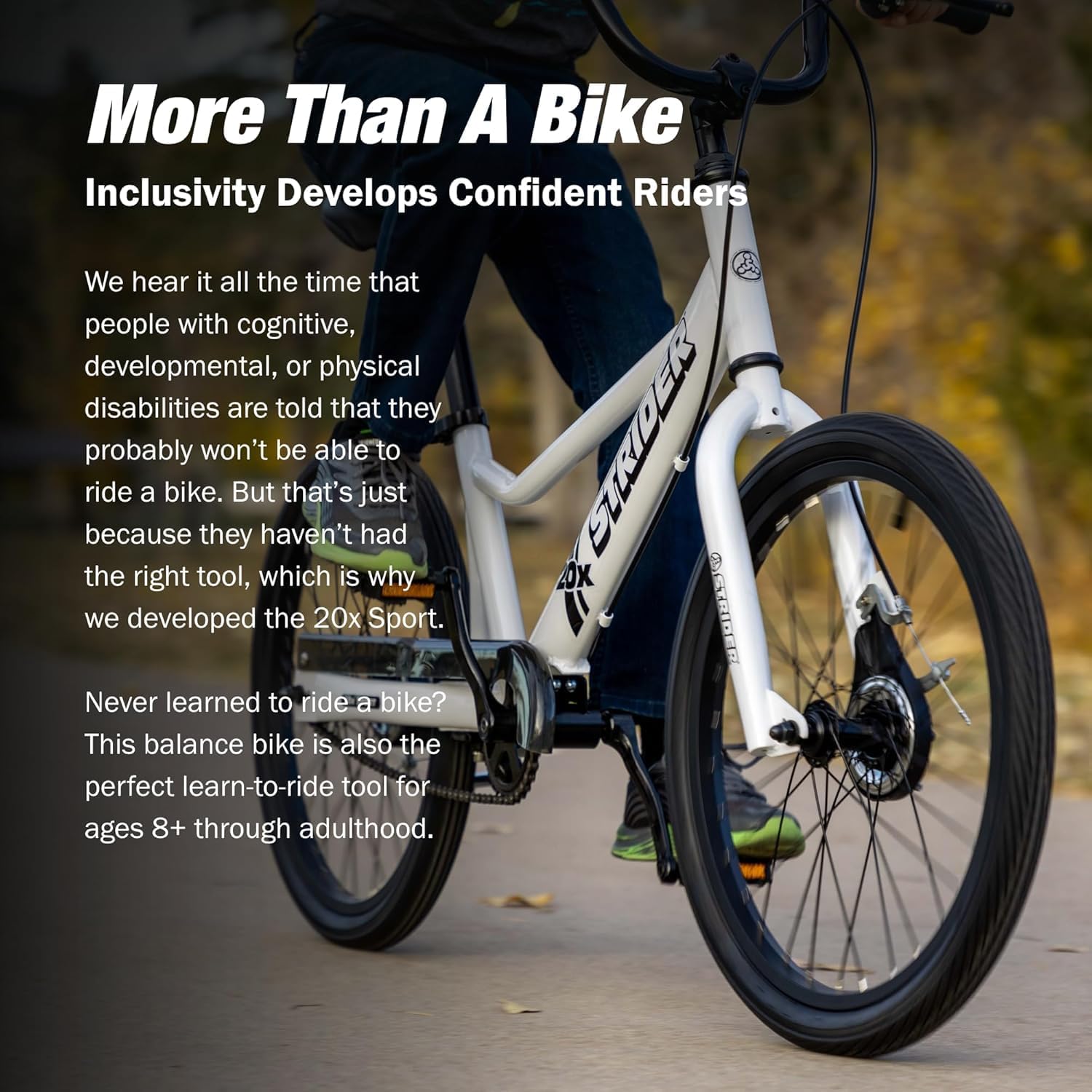 Strider 20x, White - Learn-to-Ride Balance Bike for Ages 8+ - Includes Dual Drum Handbrakes & Kickstand - Easy Assembly & Adjustments