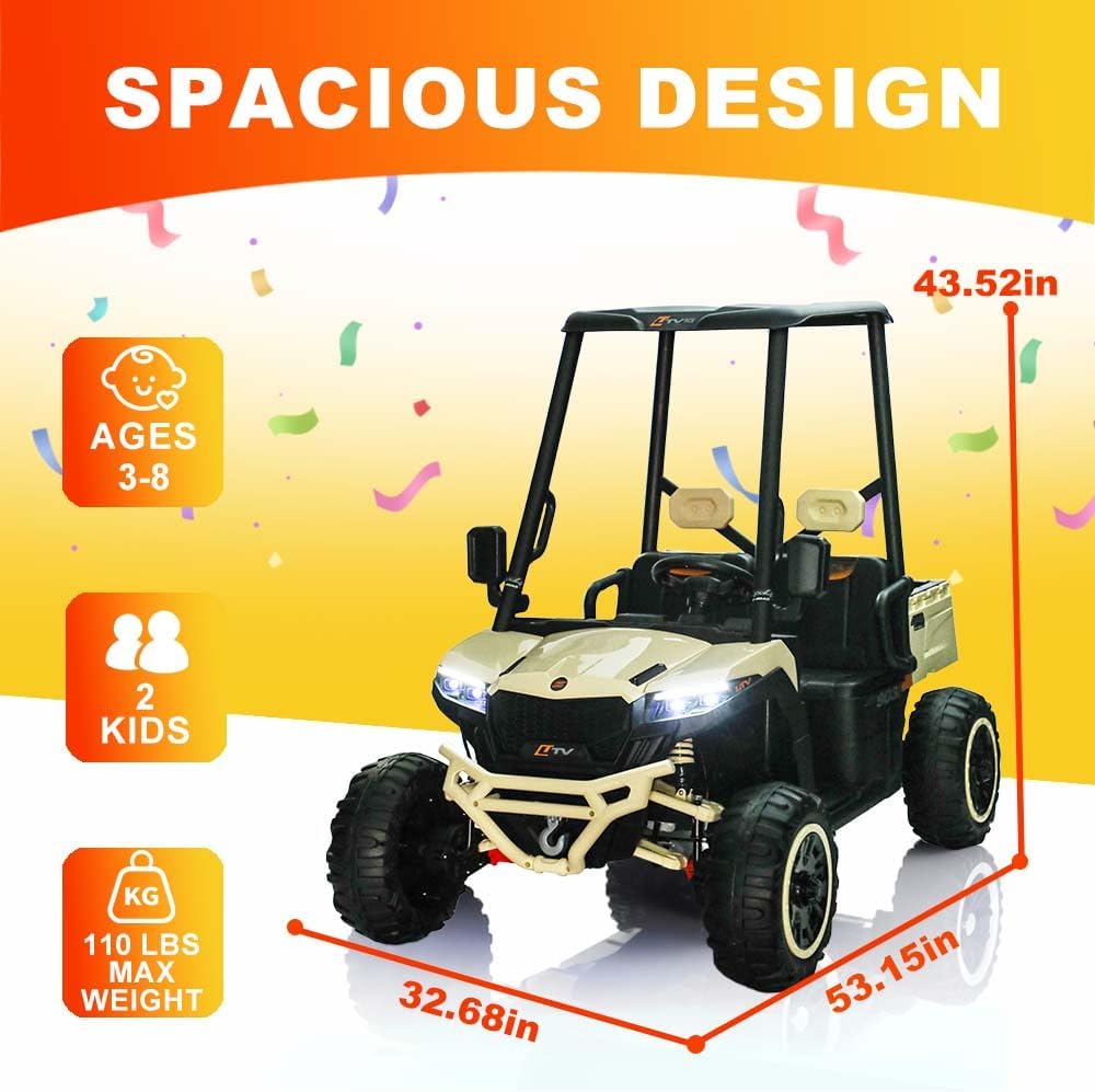 24V Kids Golf Cart, 4WD 2 Seater Ride on Car w/Sun Shade, Storage Trunk & Remote Control, Electric Vehicle w/LED Lights, Realistic Sounds & Wireless Connection, Gift for Boys Girls 3+ (Cream Color)