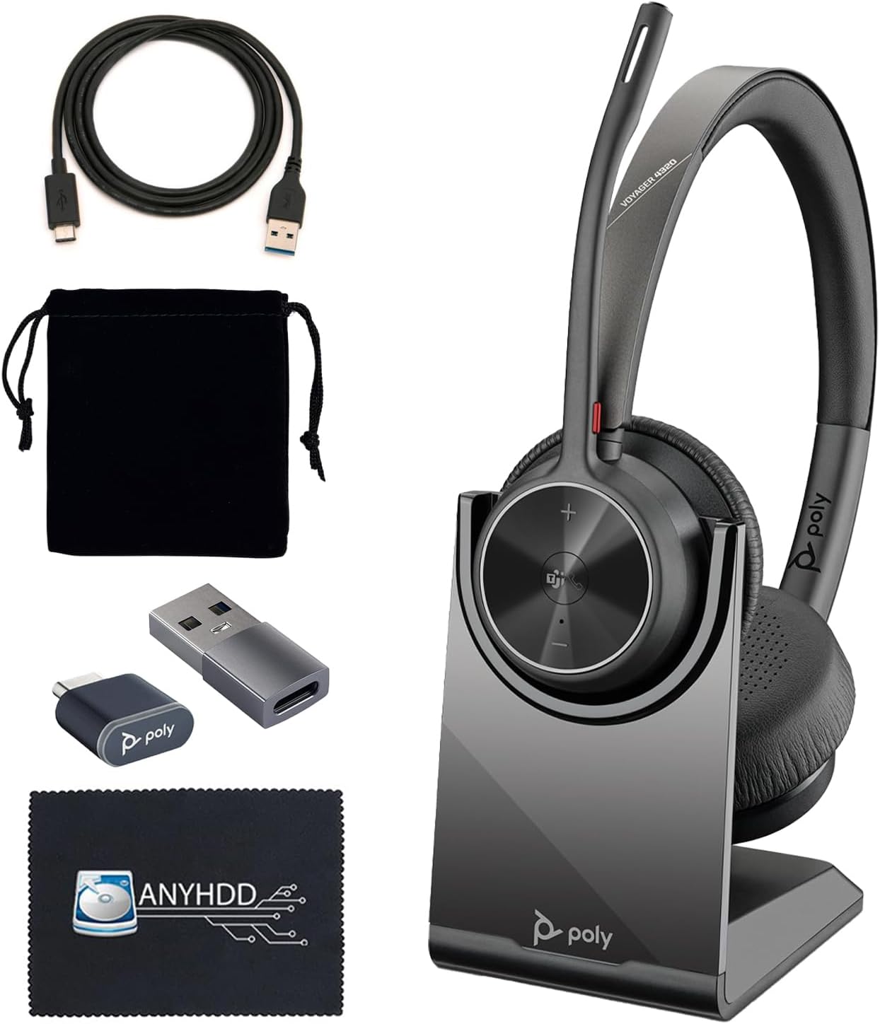 Poly Voyager 4320 UC Wireless Headset & Charge Stand - Stereo Headphones with Noise-Canceling Boom Mic + Charging Station + USB-C to A Adapter + USB C Dongle + USB A-C Cable + Pouch + Microfiber Cloth