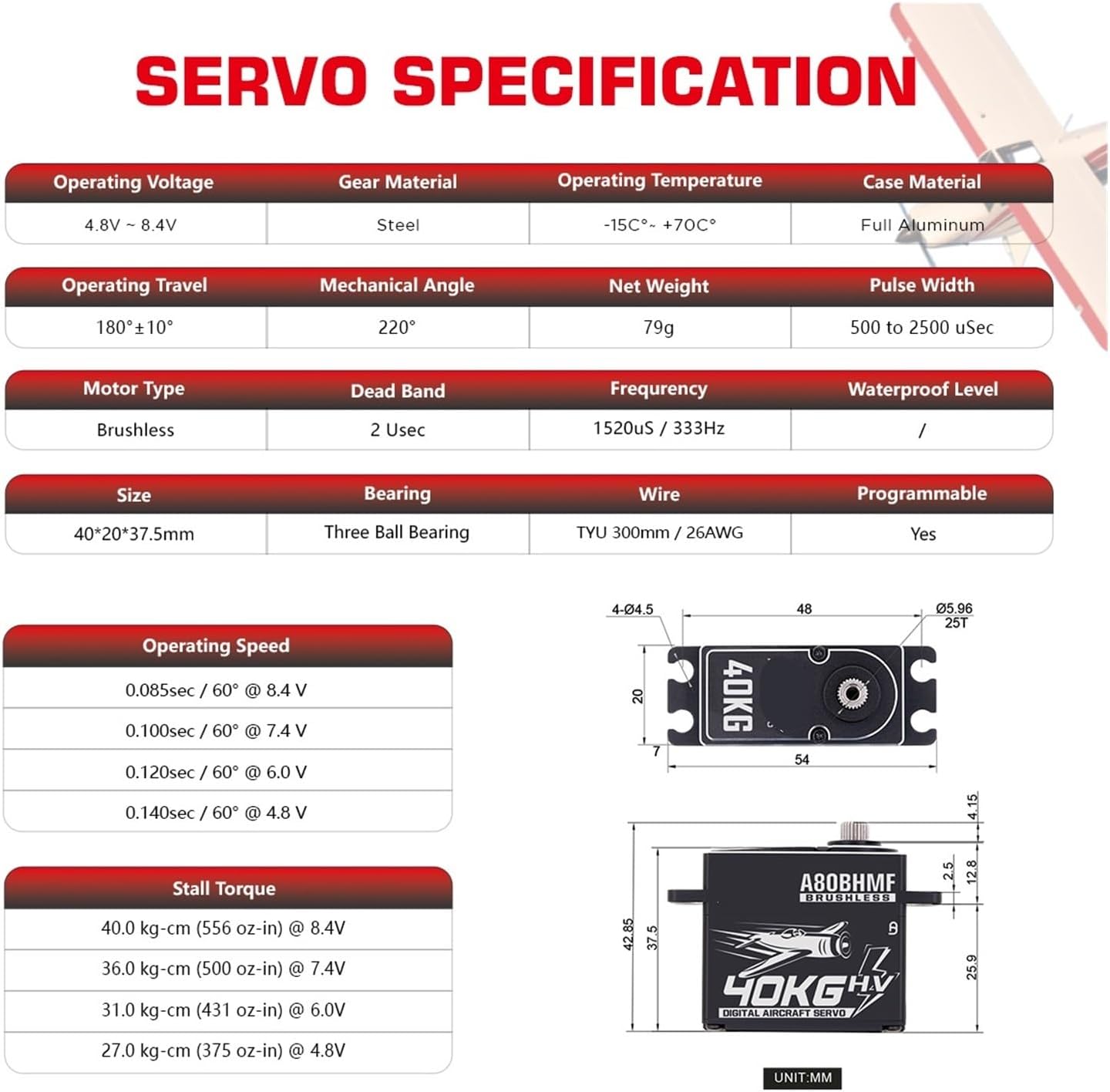 Servo A80BHMF 40 kg Programmable Steel + Gear Digital Brushless Standard Servo for 30-200CC(A80BHMF 40kg Servo)