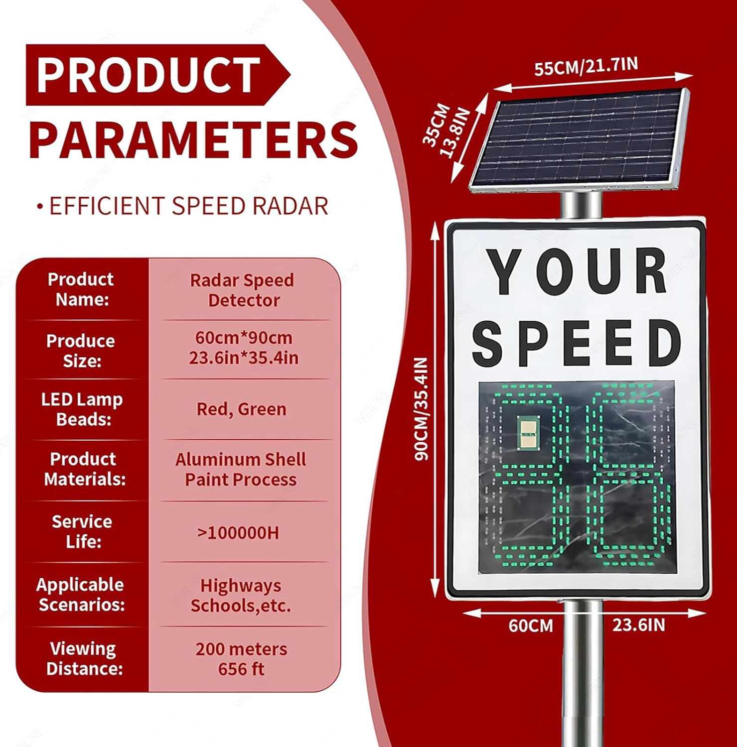 Solar Radar Speed Sign - 656FT Detection, IP65 Waterproof, Remote Control, Adjustable Speed Limit - Digital Speed Measurement for Highways, Streets & Communities