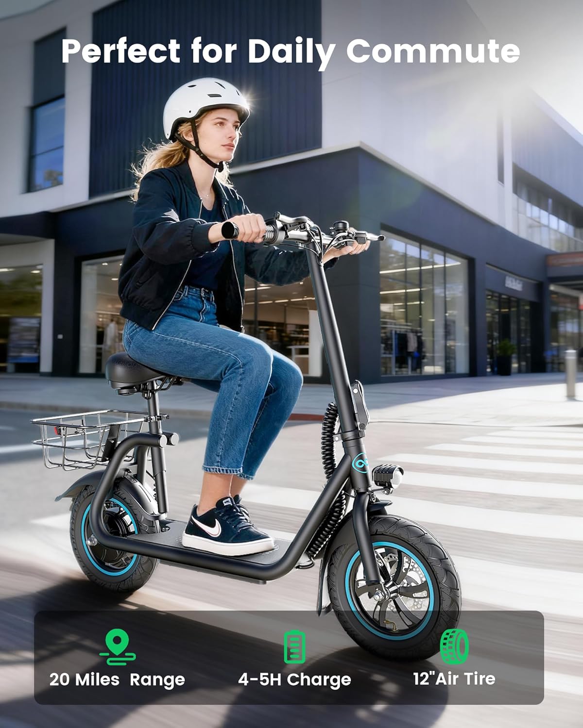 C1 Electric Scooter with Seat for Adults, 300W Motor, 20-Mile Range, 15.5 MPH, Foldable Commuter E-Scooter with Basket for Grocery, Pets, and Daily Commute– Carbon Black