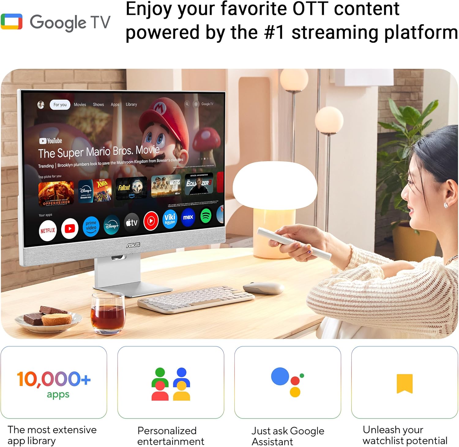 ASUS ZenScreen 27” 4K USB-C Smart Monitor (MS27UC) - UHD (3840 x 2160) IPS, 99% sRGB, GoogleTV, Harman Kardon Speakers, USB-C 90W PD, USB Hub, Wireless Display, Netflix and YouTube, 3 yr Warranty