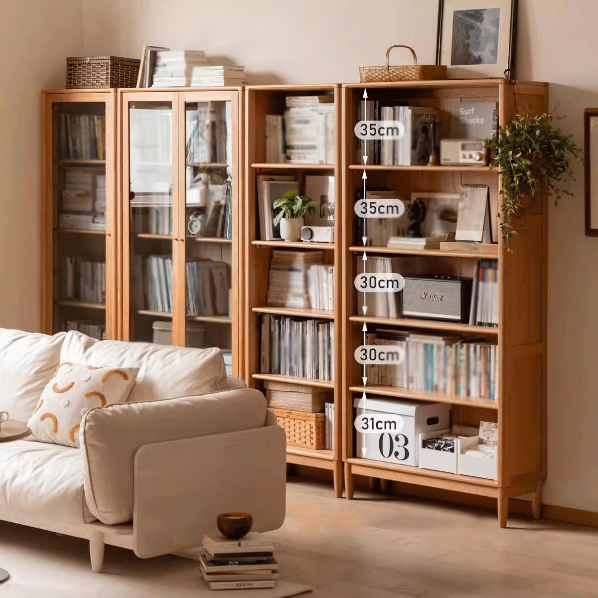 RENEESME Bookshelf Solid Wood Bookcase, Whole Wall, Free Combination Bookshelf Display Cabinet, Display Cabinet, Retro Cherry Wood Cabinet Bookshelves and Bookcases