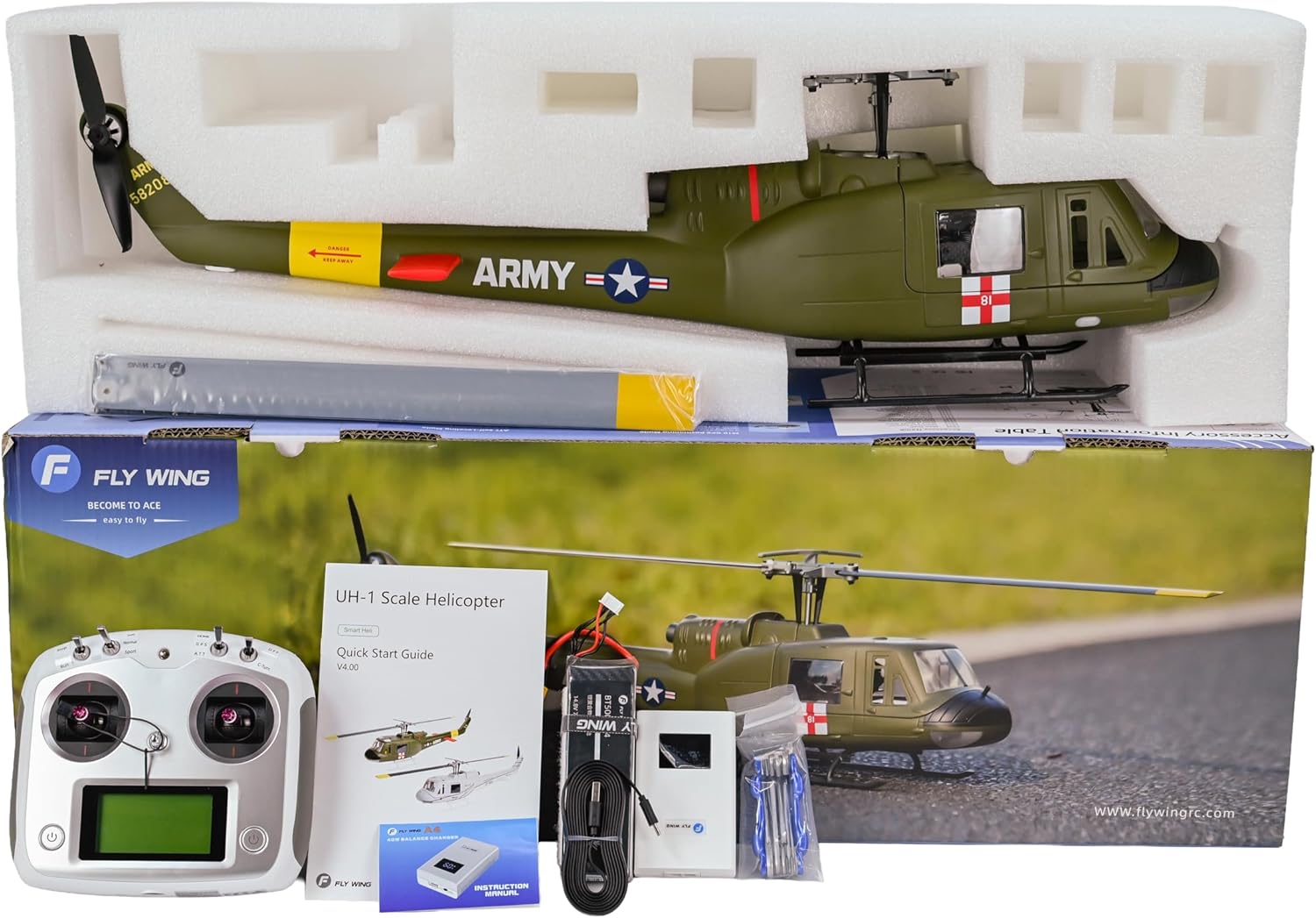FLYWING UH1 RC Scale Helicopter with ACE Flight Control LED Light Two Blade GPS Metal Rotor 450 6ch RC Helicopters Iroquois 450L UH1 V4 Huey Helicopters RTF-Helicopter (Green)