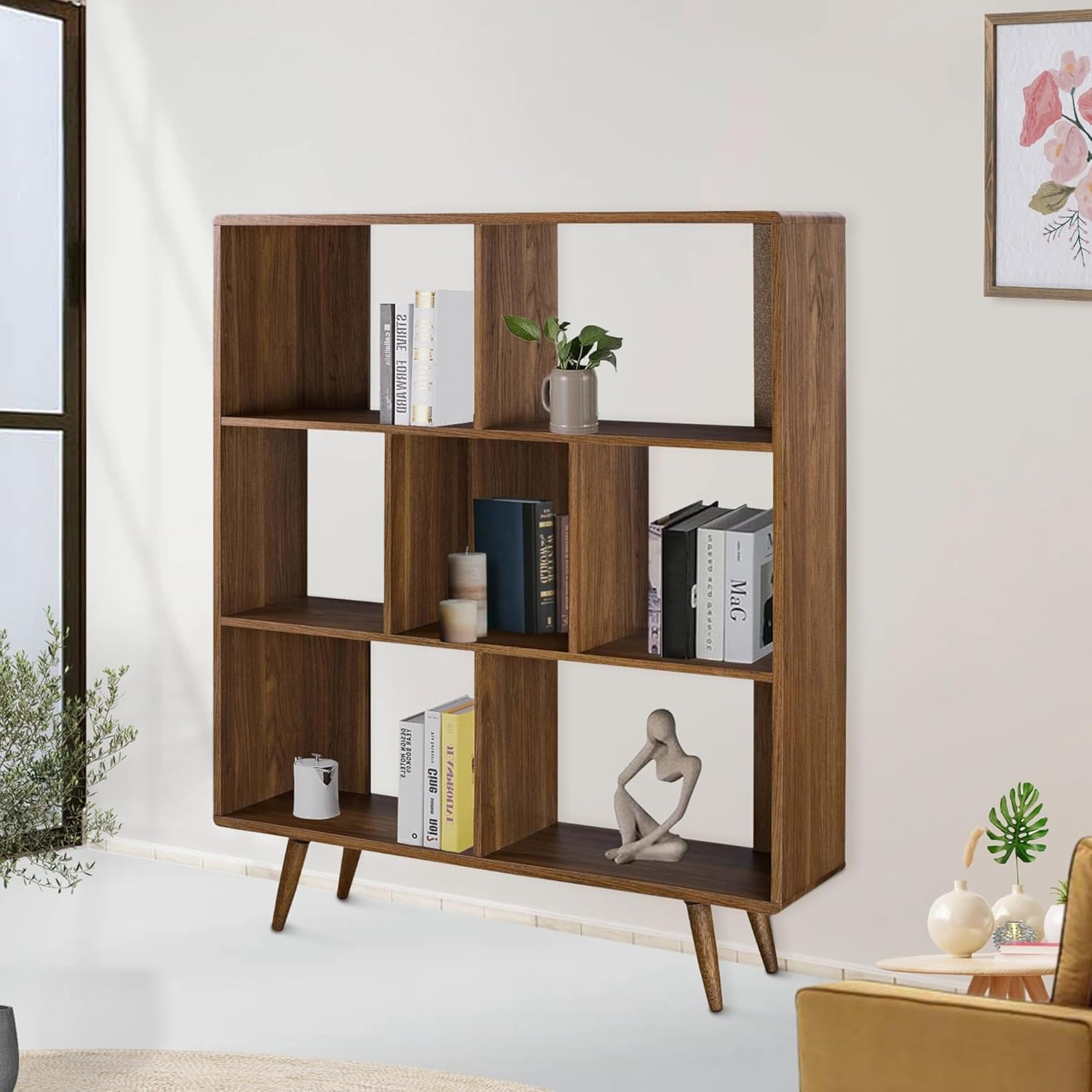 Mid-Century Modern Walnut Wooden 7 Shelf Bookcase Display Cabinet Brown Traditional Wood Finish Includes Hardware