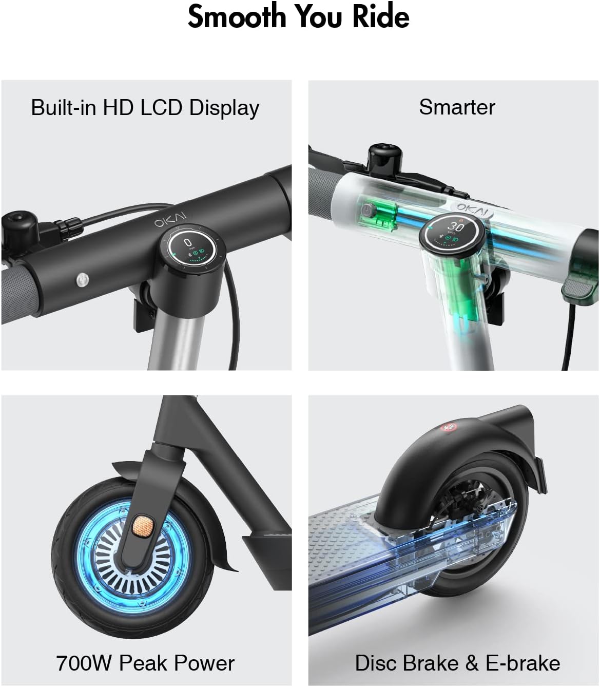 OKAI Neon Series Electric Scooter - ES10/20/30 Models - 18.6-50 Miles Range & 15.5-20 MPH, Dual Brakes - Commuter Electric Scooter for Adults & Teens, UL 2272 Certified