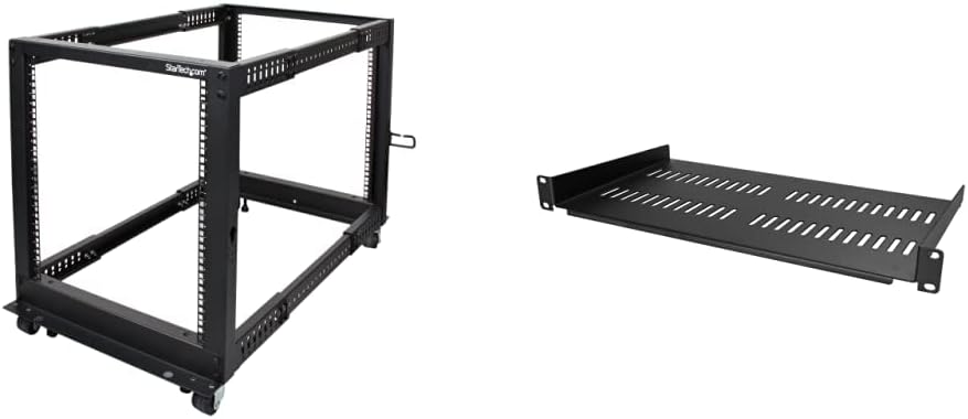 StarTech.com 4-Post 12U Mobile Open Frame Server Rack and 1U Server Rack Shelf Bundle