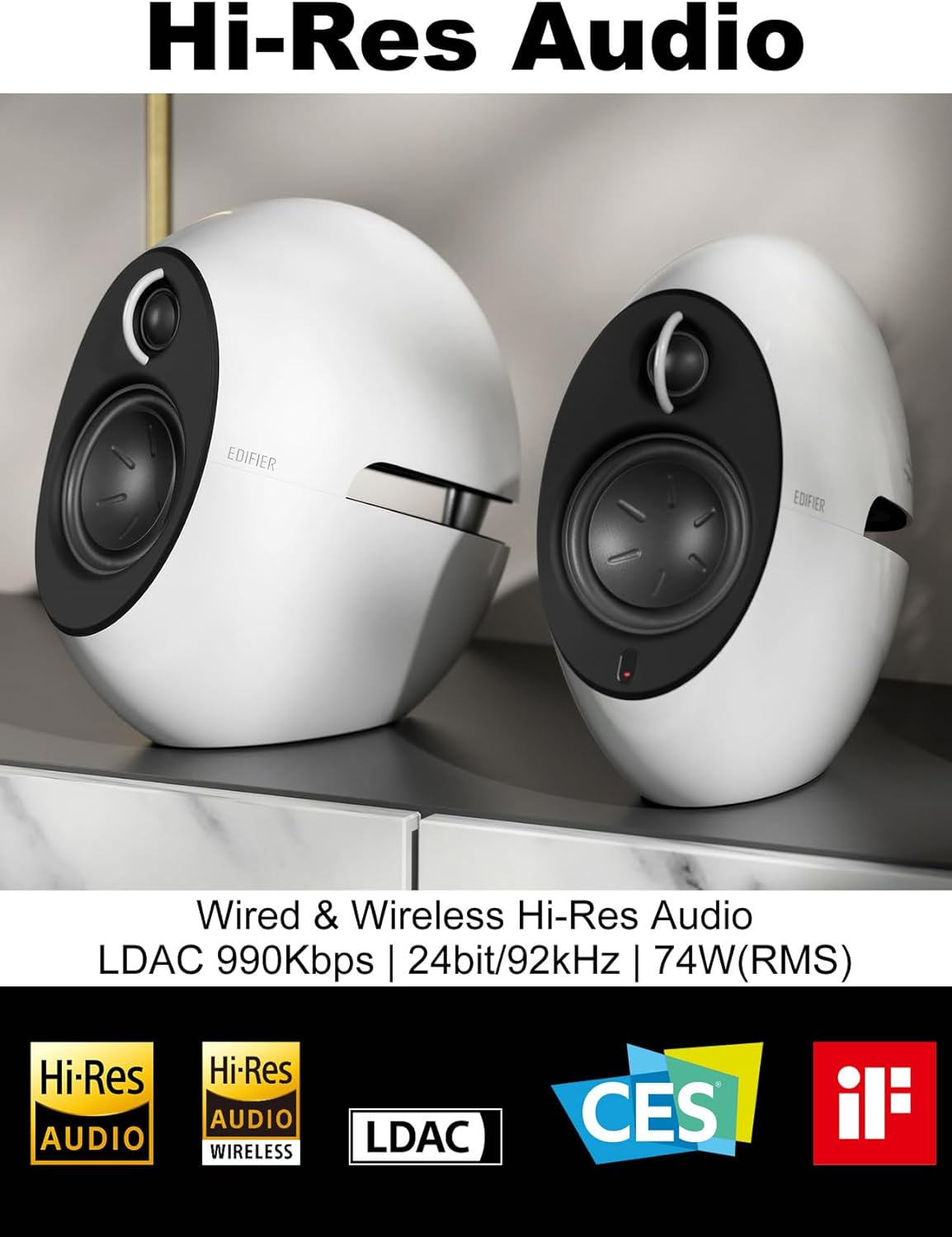 Edifier e25HD PC Speakers with Passive Bass Radiators & Bluetooth 5.3 LDAC for Desktop - Optical Input- 74W Near Field Powered Bookshelf Hi-Res Speakers with 24bit/96KHz Wired & 990Kbps Wireless