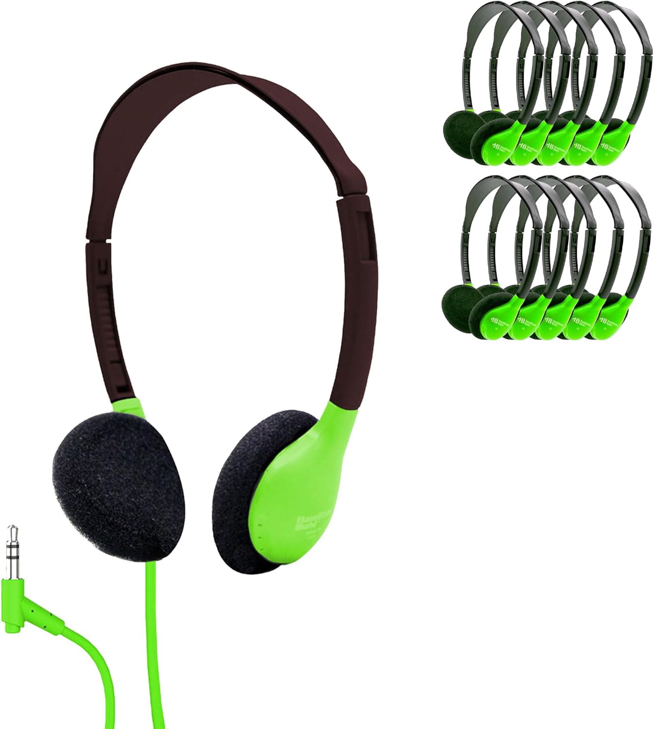 HamiltonBuhl HA2-GRN Personal On-Ear Stereo Headphones 200-Pack – Green, Replaceable Foam Cushions, Adjustable Headband, 5 ft Chew-Resistant Dura-Cord, 3.5mm Stereo Plug