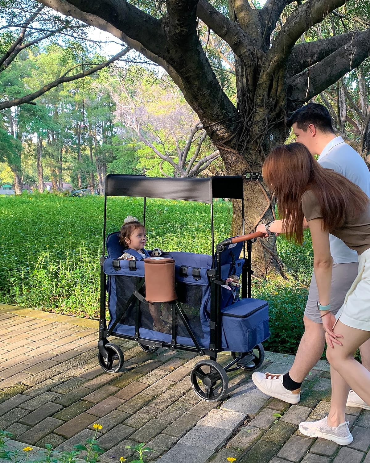 Wagon Stroller for 2 Kids with Insulated Snack Pack Foldable All-Terrain Wagon, 5-Point Harness & Canopy Parent Organizer Adjustable Handle (Blue)