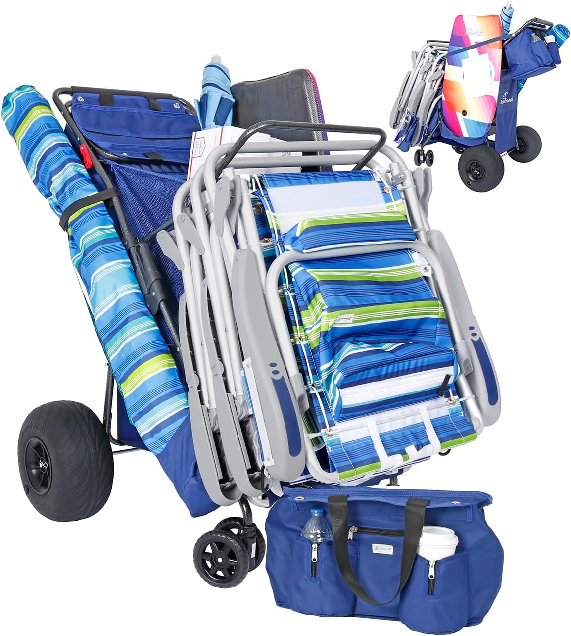 Ultimate Beach Cart with Balloon Wheels for Sand – Buggy Wagon with Big Wheels, Insulated Cooler Bag, Boogie Board & Umbrella Holder, 100 lbs Load Capacity