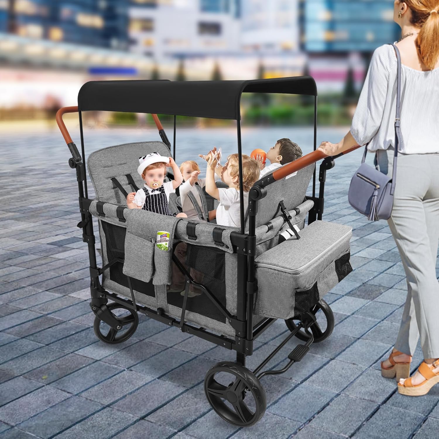 4-Seater Kids Wagon Cart, High Seat with Canopy, Heavy-Duty Stroller for 4 Children, Foldable & Adjustable Push Handle, 5-Point Safety Belt, All-Terrain Wheels, for Beach, Park, Camping, Shopping