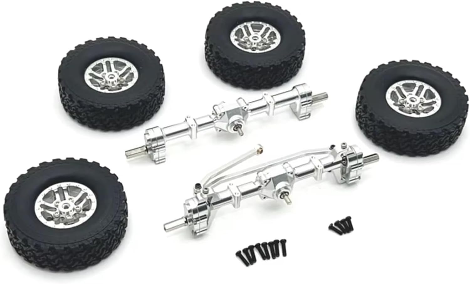 RC Spare Part Compatible with MN78 for MN82 for MN99S for MN98 1/12 RC Car Parts Accessories Metal Front and Rear Portal Axle Beadlock Wheel Tire Set(Silver)