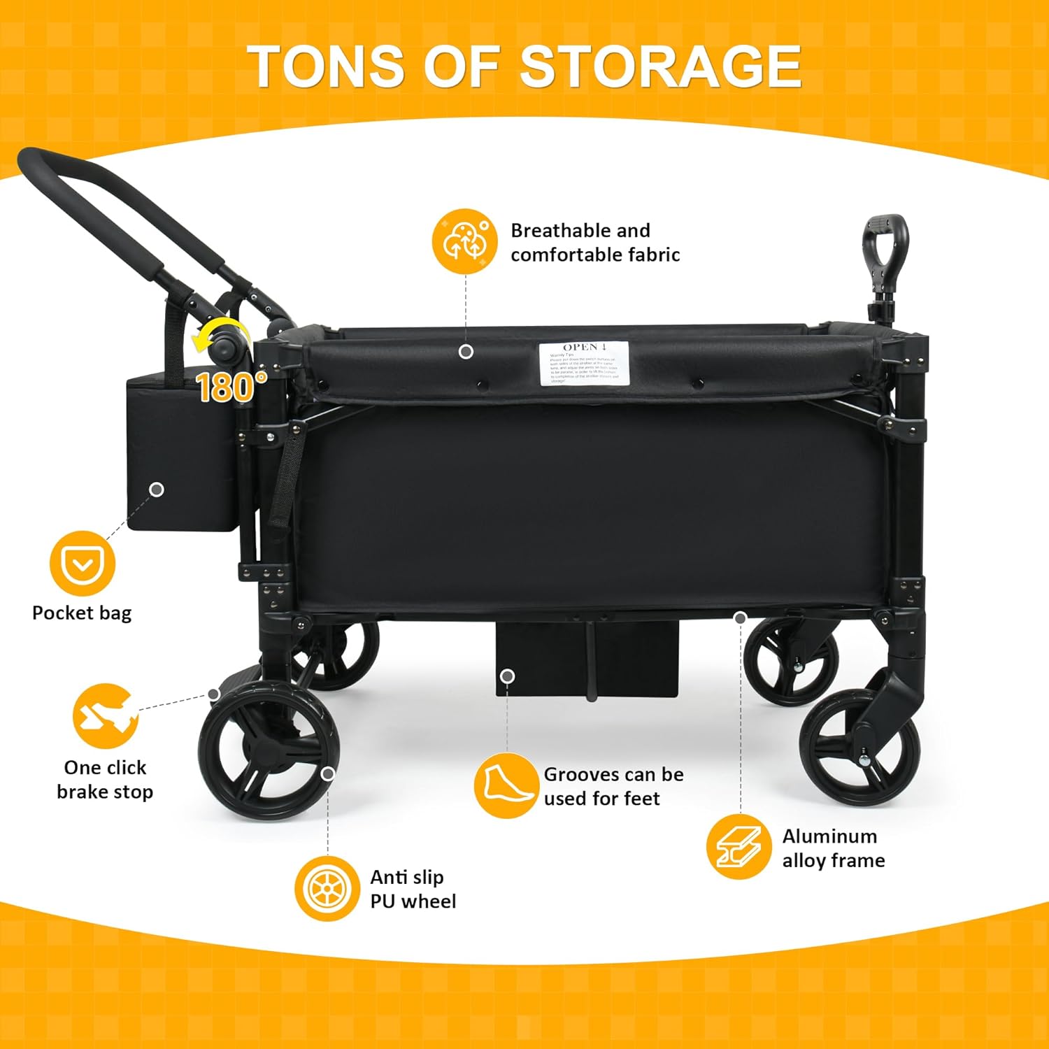 VOOI Stroller Wagon, 2 Seater Kids Wagon, Collapsible with 5-Point Harnesses, Zipper Door, Sun Canopy