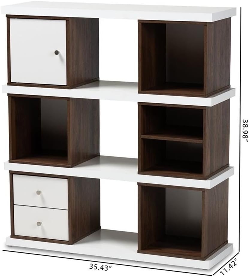 BOWERY HILL Modern Two-Tone White and Walnut Finished 2-Drawer Bookcase