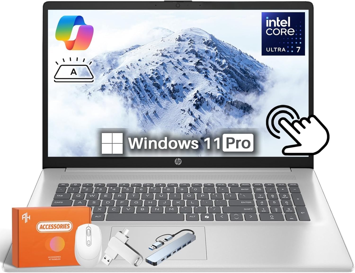 HP 17.3 Touchscreen Laptop Computer, Intel 12-Core Ultra 7 255U, Windows 11 Pro, Wi-Fi 6, Bluetooth 5.4, Intel Built-in AI(12 Tops), HD Camera, Backlit KB, 32GB DDR5, 1TB SSD, Copilot, Accessories