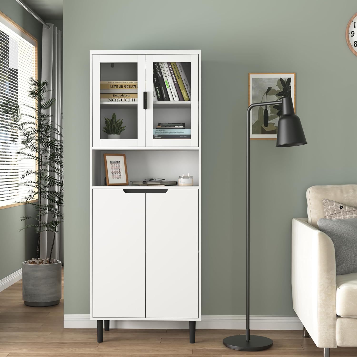 MONIANNIAN Tall White Storage Cabinet with Tempered Glass Doors, Modern Bookcase with Adjustable Shelves, MDF Display Cupboard for Living Room, Bedroom & Home Office