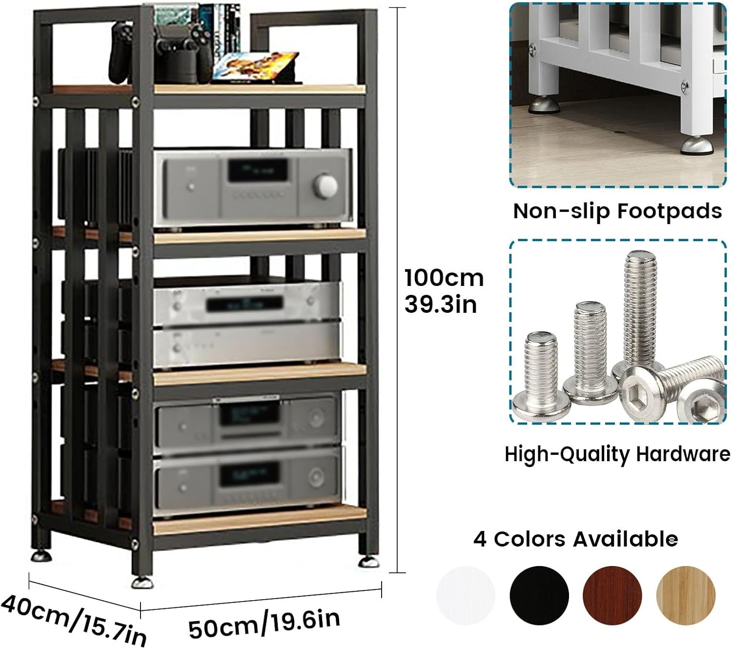 Sepsephiria 4-Tier AV Media Stand Shelf Audio Component Rack with Height Adjustable Entertainment Video Game Equipment Console Shelf Sturdy Steel Audio Rack for Home/Gaming/Office(Black+Light Walnut)