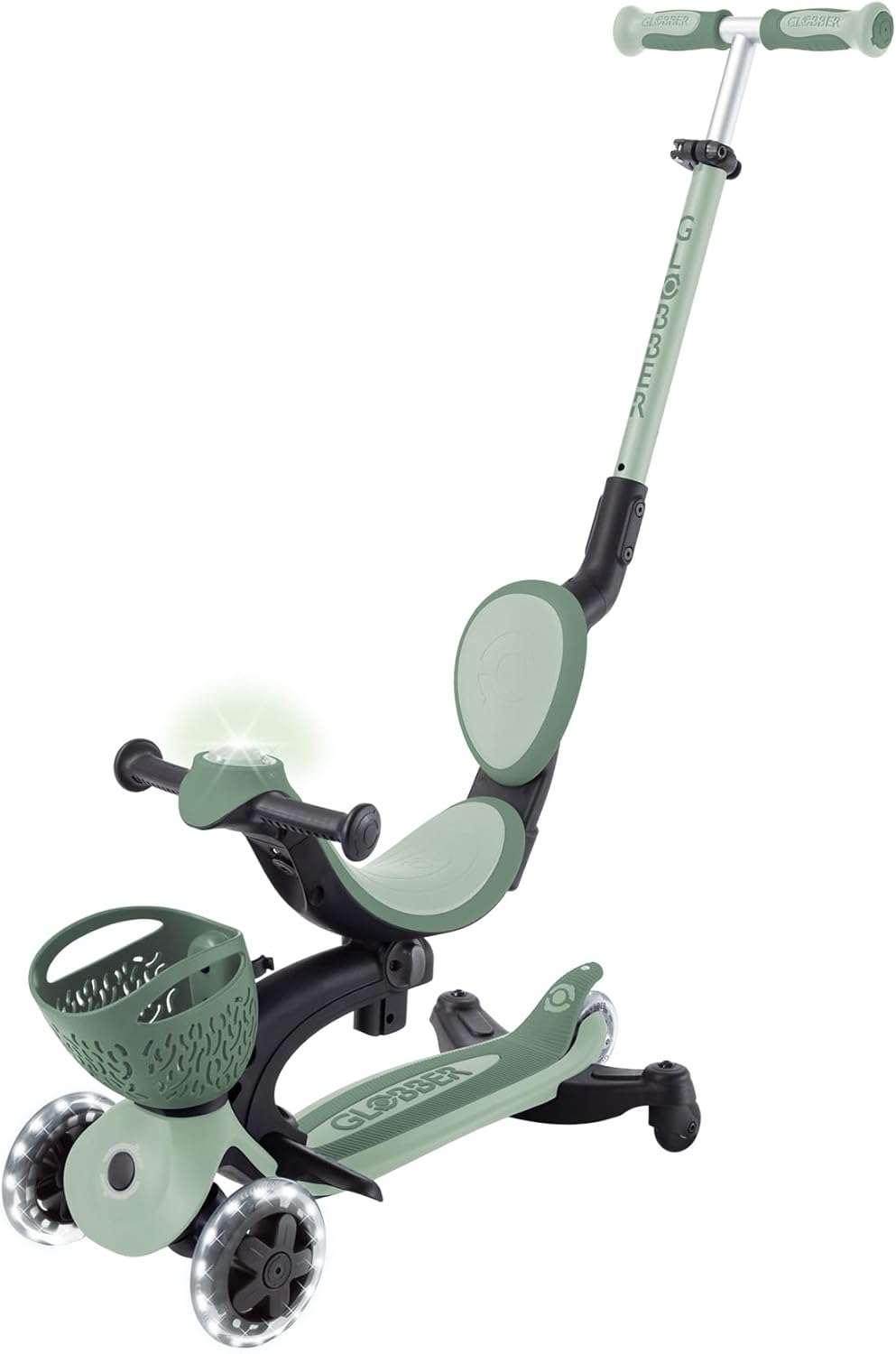 Globber - GO•UP Baby 360 Lights - Scalable Scooter 3 Wheels with Seat and Backrest for Children from 15 Months to 6 Years, Sage Green