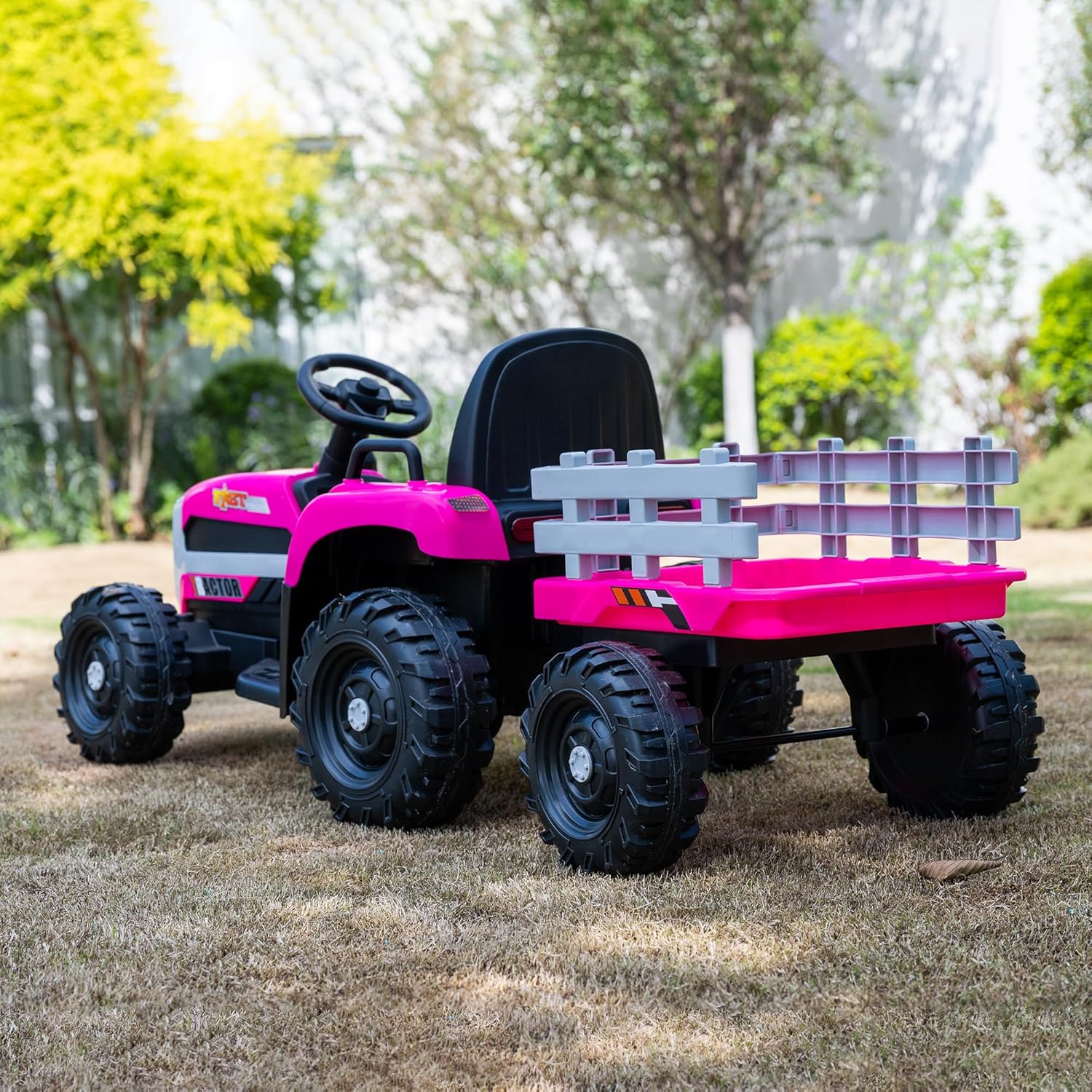 24V Electric Tractor Ride On Toy for Girls, 6-Wheel Farm Vehicle with Trailer, 2x200W Motors, Remote Control, Music, LED Lights, 3-Speed, Hot Pink
