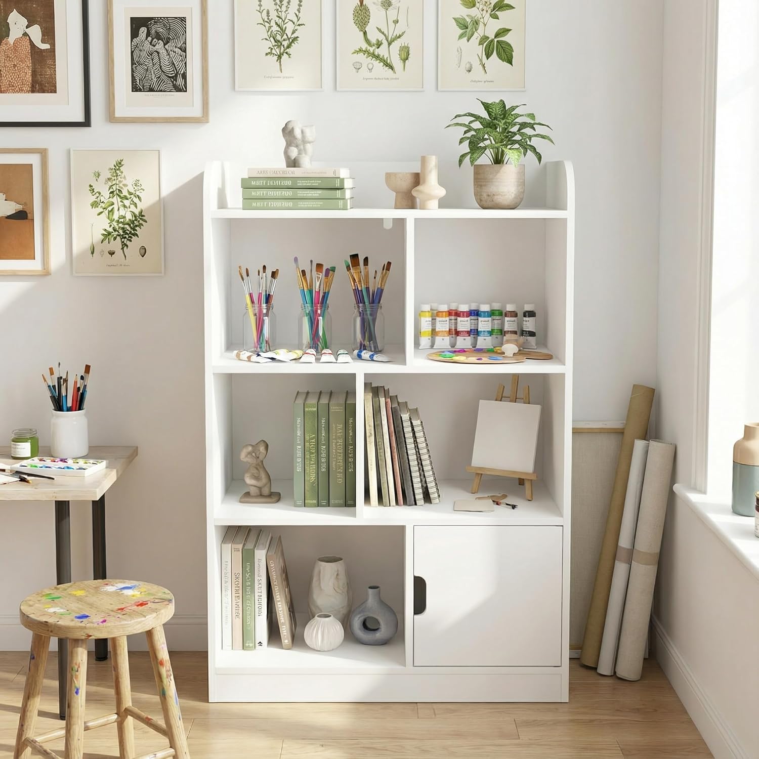 FEBORY Kids Bookcase with 6 Compartments, White MDF Freestanding Bookshelf and Cube Organizer, 23.62 x 11.81 x 35.43 Inches, for Bedroom Living Room Office Closet School