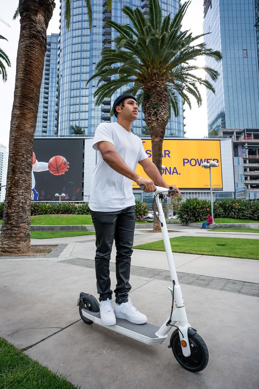 OKAI NEON Electric Scooter with Atmospheric Lights - 25 Miles Range & 15.5 Mph - Lightweight Folding Commuter E Kick Scooters for Adults (White)