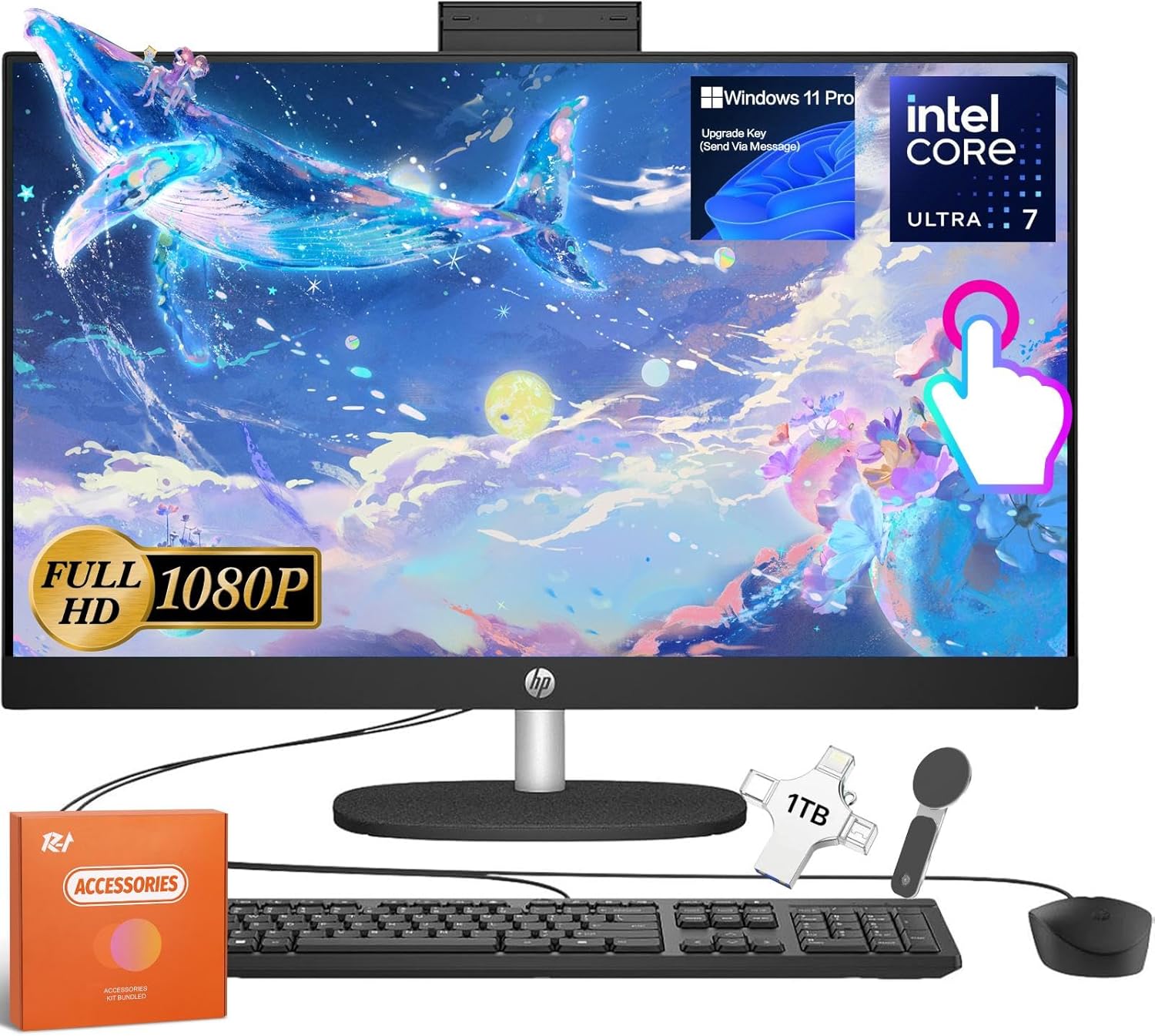 HP All in One Desktop Computer Touchscreen, 27 Inch FHD IPS Anti-Glare Screen, Intel 12-core Ultra 7 155U, Intel IrisX GPU, 64 GB DDR5, 2 TB SSD, Wi-Fi 6, USB Drive, Windows 11 Pro, w/Accessories
