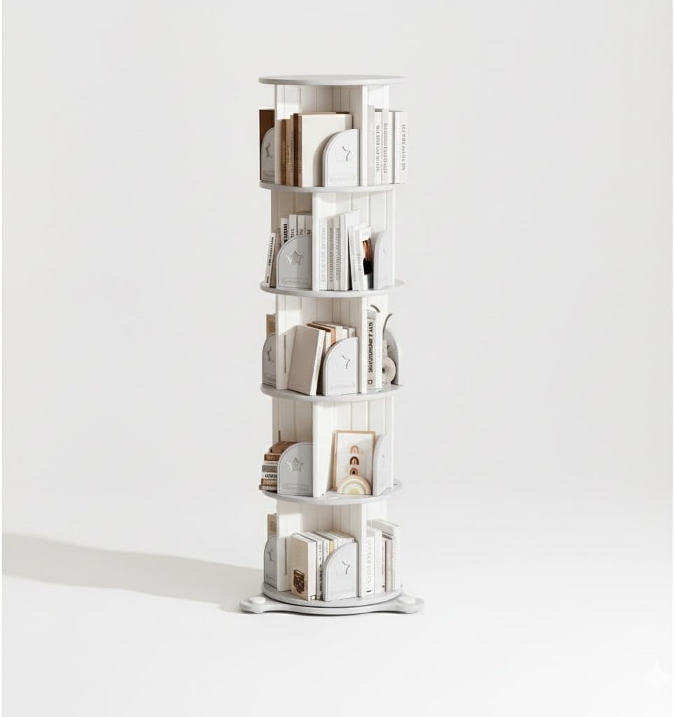 Deer COCO 5-Tier Rotating Bookcase with Wheels, 360° Spinning Bookshelf Tower for Corner Spaces, Multi-Functional Book Display Stand & Organizer for Living Room, Bedroom, Classroom, Office - White