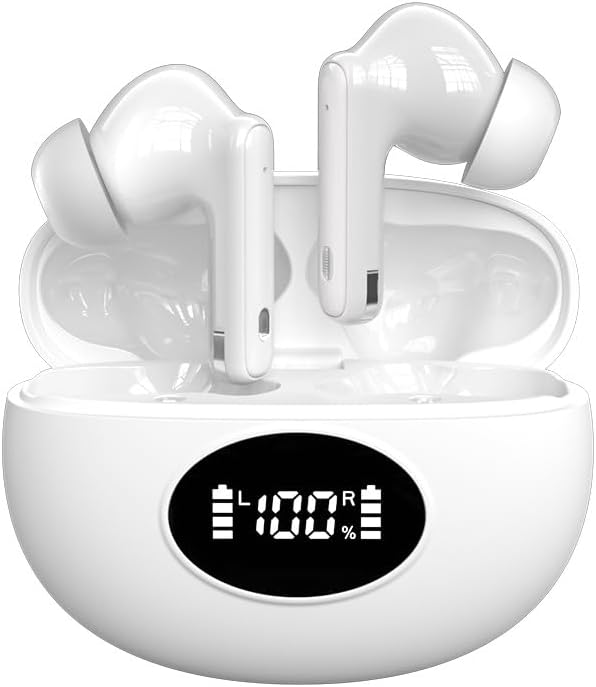 Wireless Earbuds Sports in-Ear Bluetooth 5.4 Headphones with Microphone,HiFi Sound Quality+Call Noise Reduction,Portable for TV Smart Phone Laptop Computer Sports,White