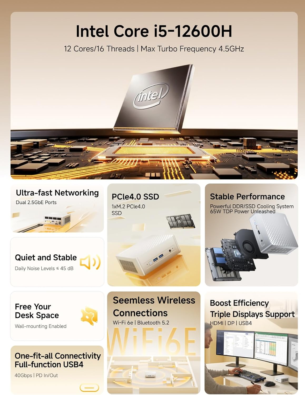 MINISFORUM M1 Plus Mini PC, Intel Core i5-12600H (12C/16T, 4.5GHz), 32GB DDR5 RAM, 512GB SSD, Triple 4K Display (HDMI/DP/USB 4.0), Dual 2.5GbE Port, WiFi 6E, Compact Desktop Computer