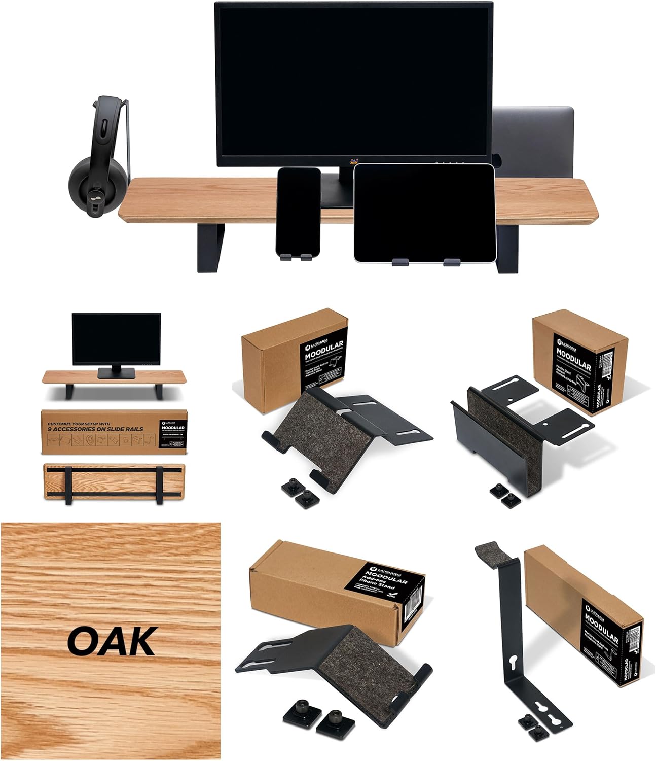 Moodular Wooden Monitor Stand Oak with Add-on Accessories Vertical Laptop Tray, Phone Stand, Tablet Stand, Headphone Stand