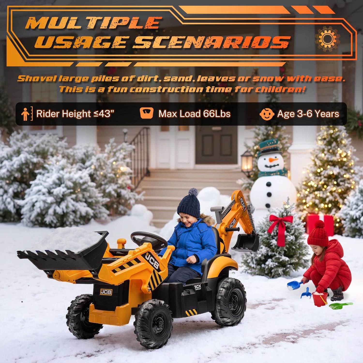 24V JCB Electric Backhoe Loader Toy Car for Kids, Battery Powered Ride on Excavator & Wheel Loader Construction Vehicle Toys w/Remote Control, Moving Parts, Adjustable Seat, Soft Start, Large