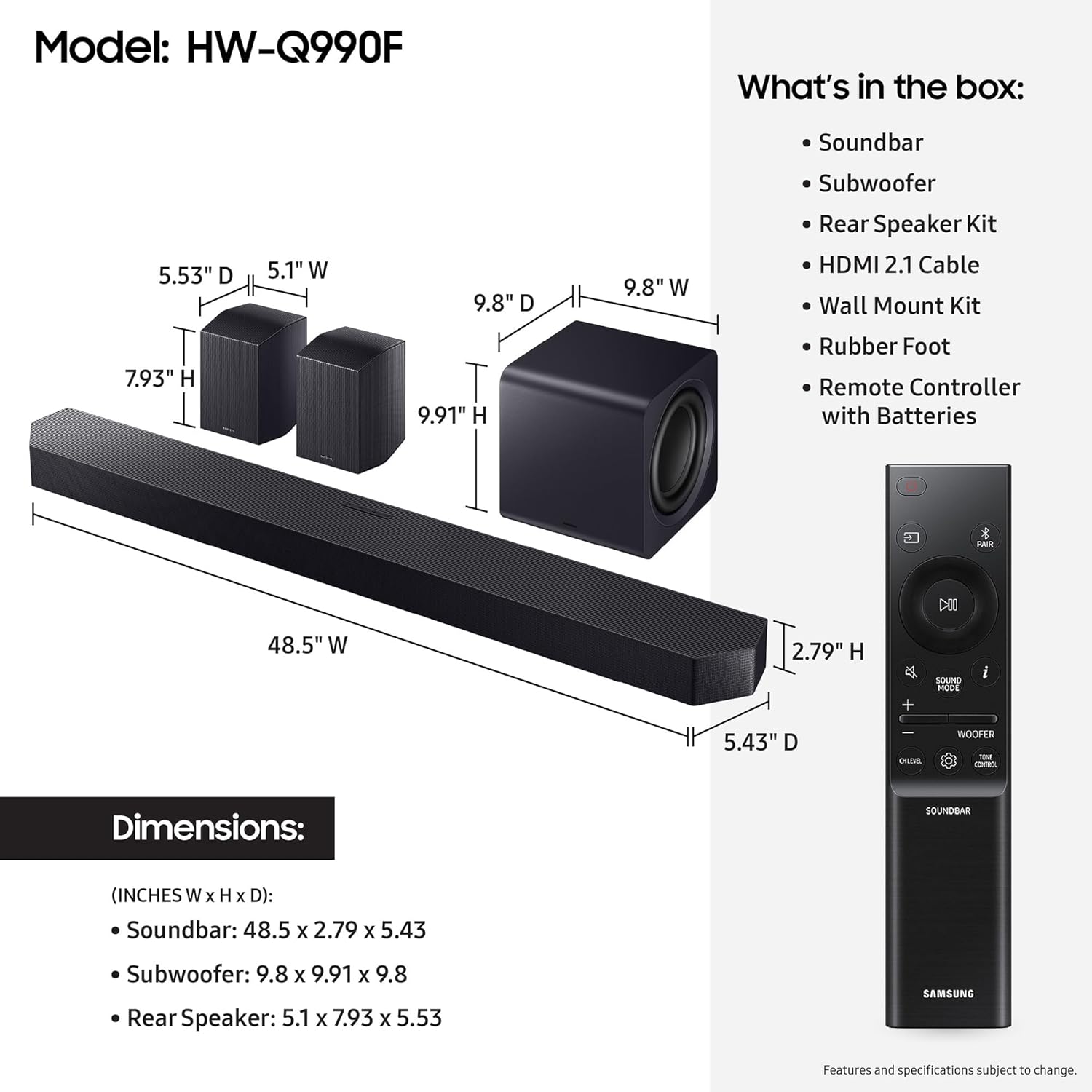 Samsung HWQ990F 11.1.4 Channel Q-Series Soundbar with Subwoofer and Rear Speakers