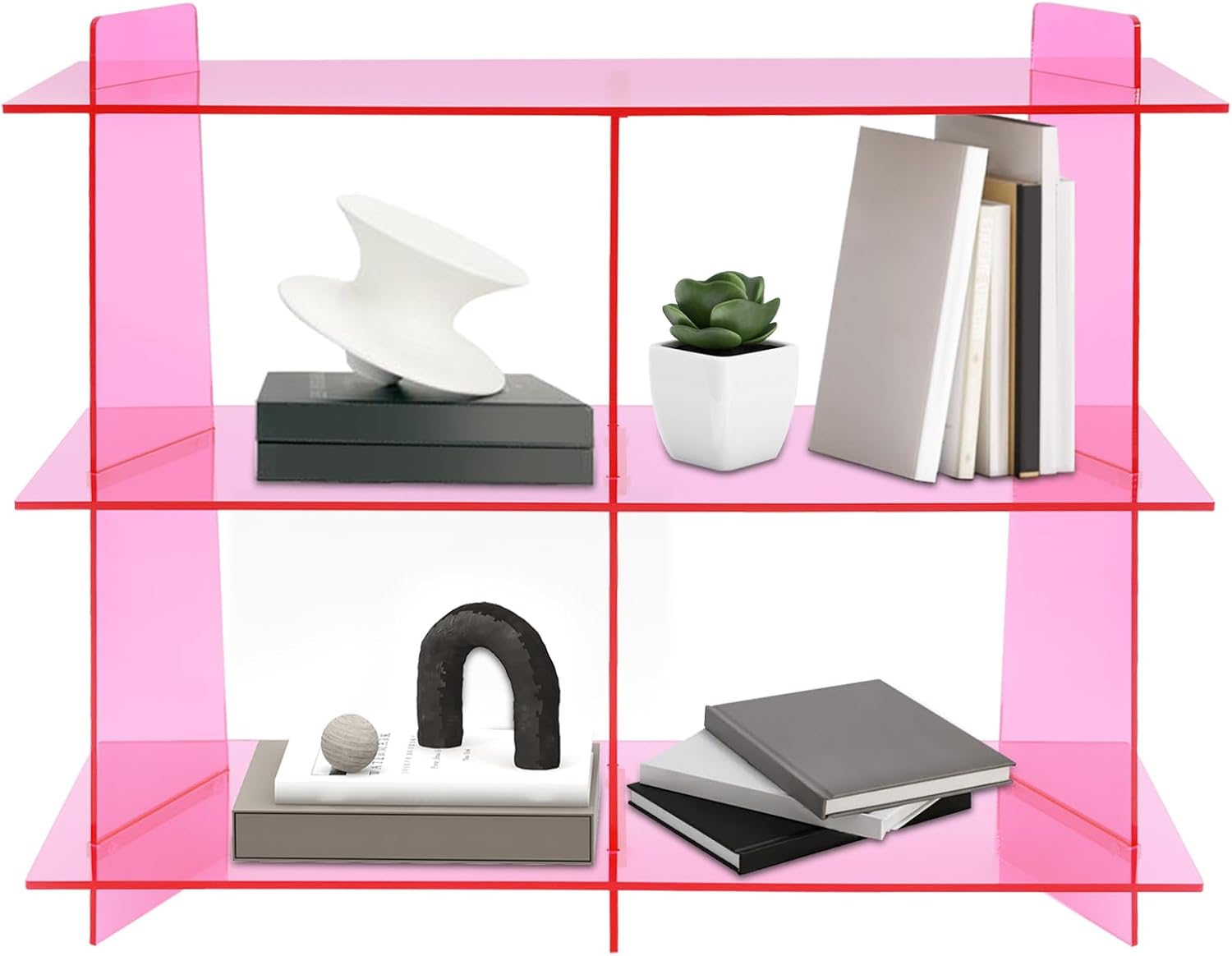 Netcoin Acrylic Bookshelf, 3 Tier Bookcase for Small Space Floor Standing Console Table, Hallway Entry Table Storage Shelf for Home, Office, Living Room, Bedroom Decorations (Pink)