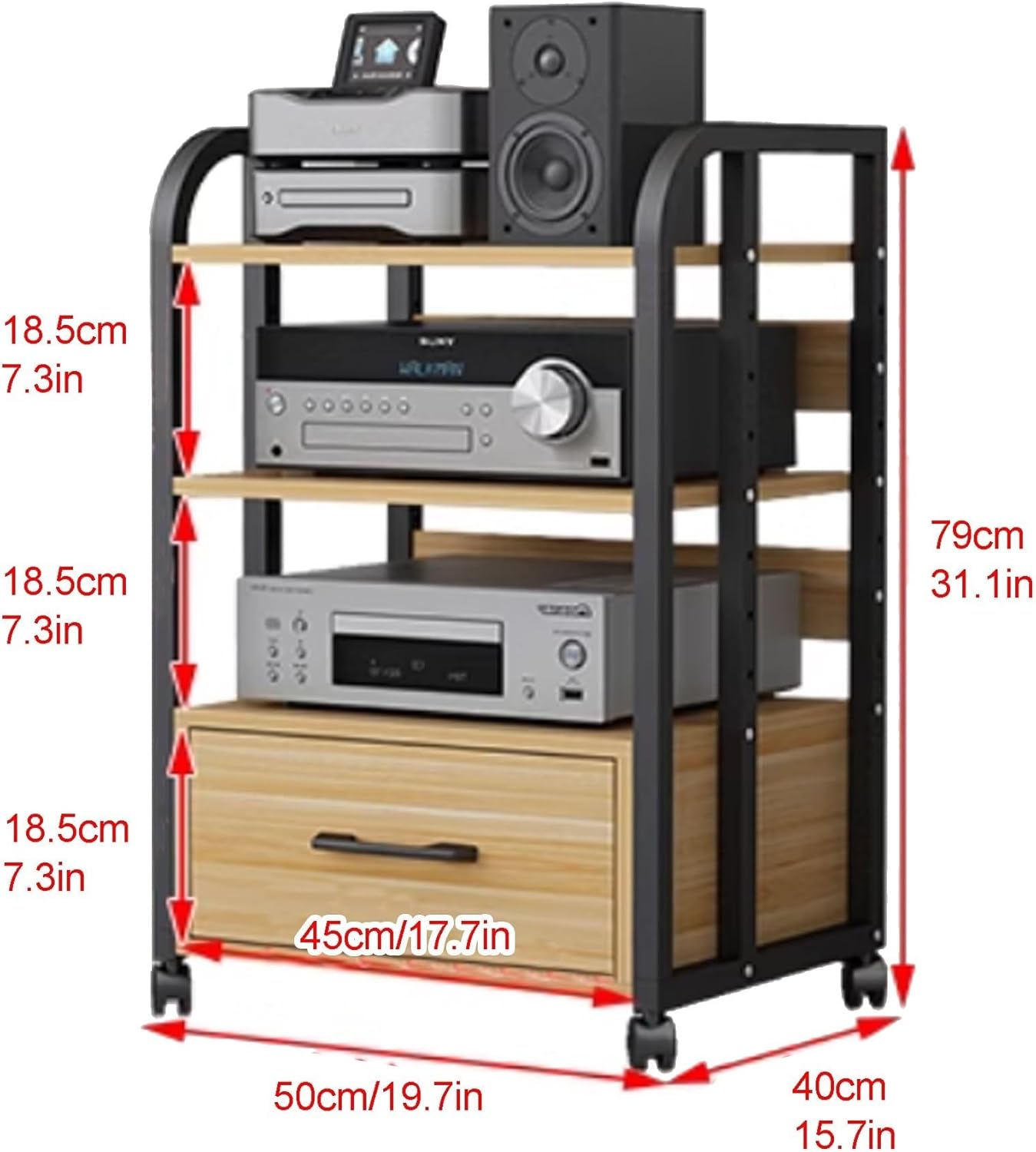 AV Media Stand with Drawer Large Stereo Cabinet Adjustable Rolling Audio Tower for Home Entertainment for Office Recording Room Creative idea(Natural